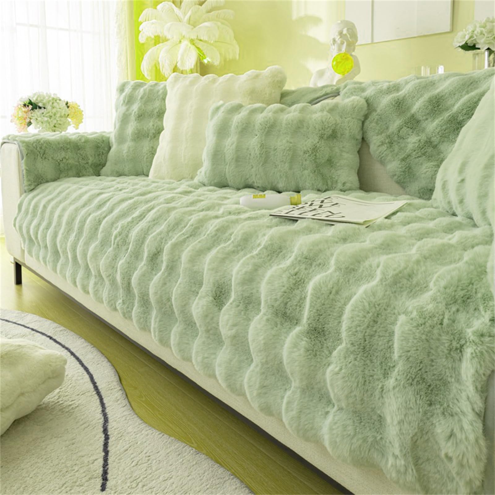 Rabbit Plush Sofa Cover 1 2 3 Seater, Sofa Slipcover Corner L Shape Thick Warm Couch Protector Anti-slip Caravan Seat Cushion Covers for Kids, Pets (Green,45×45cm Zip-Pillowcover) — image 1
