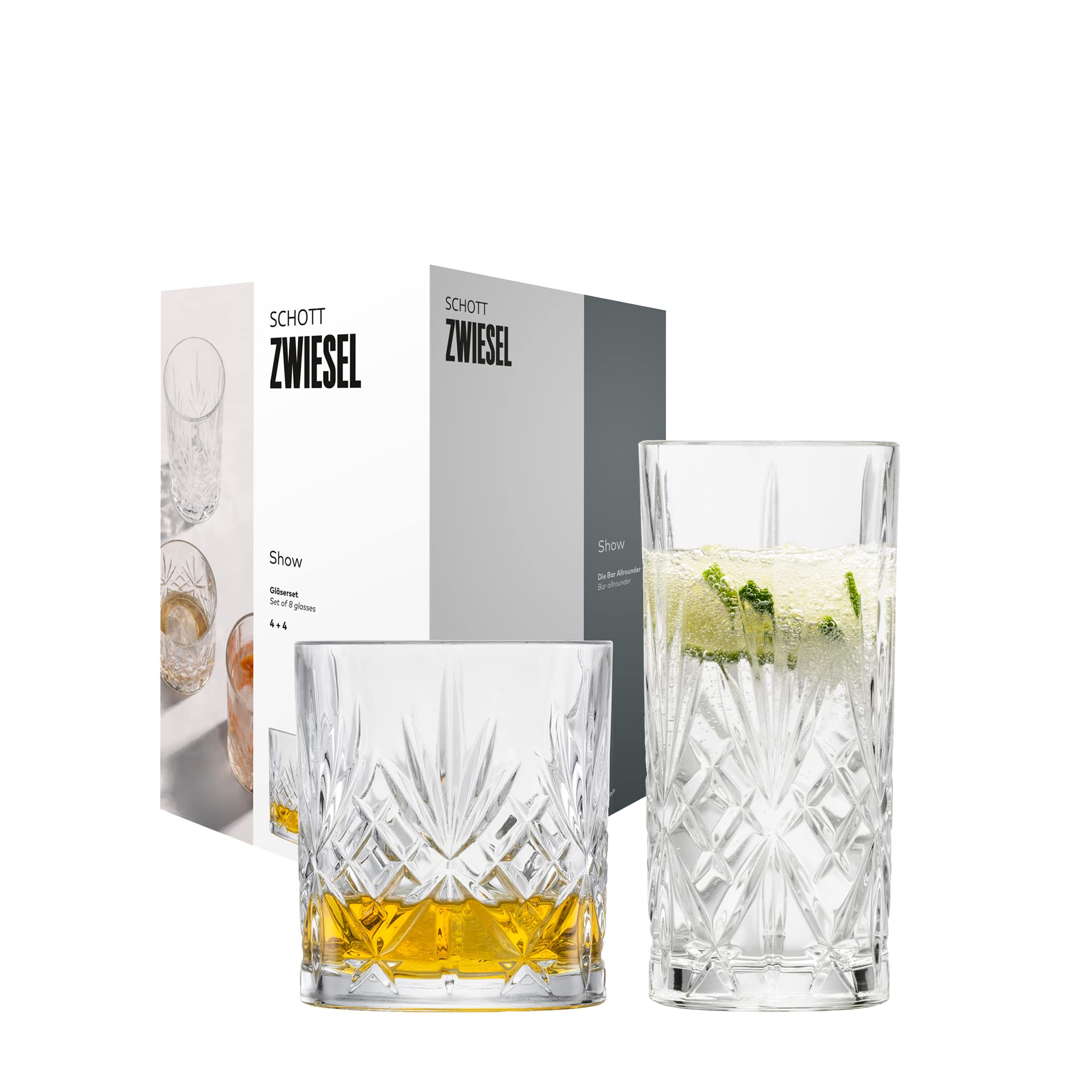Schott Zwiesel Glass 8-Piece Set from The Show Collection Size 79 and 60, Made of Glass, 4 x Whisky Glasses of 334 ml, 4 x Long Drink Glasses of 368 ml, 121881