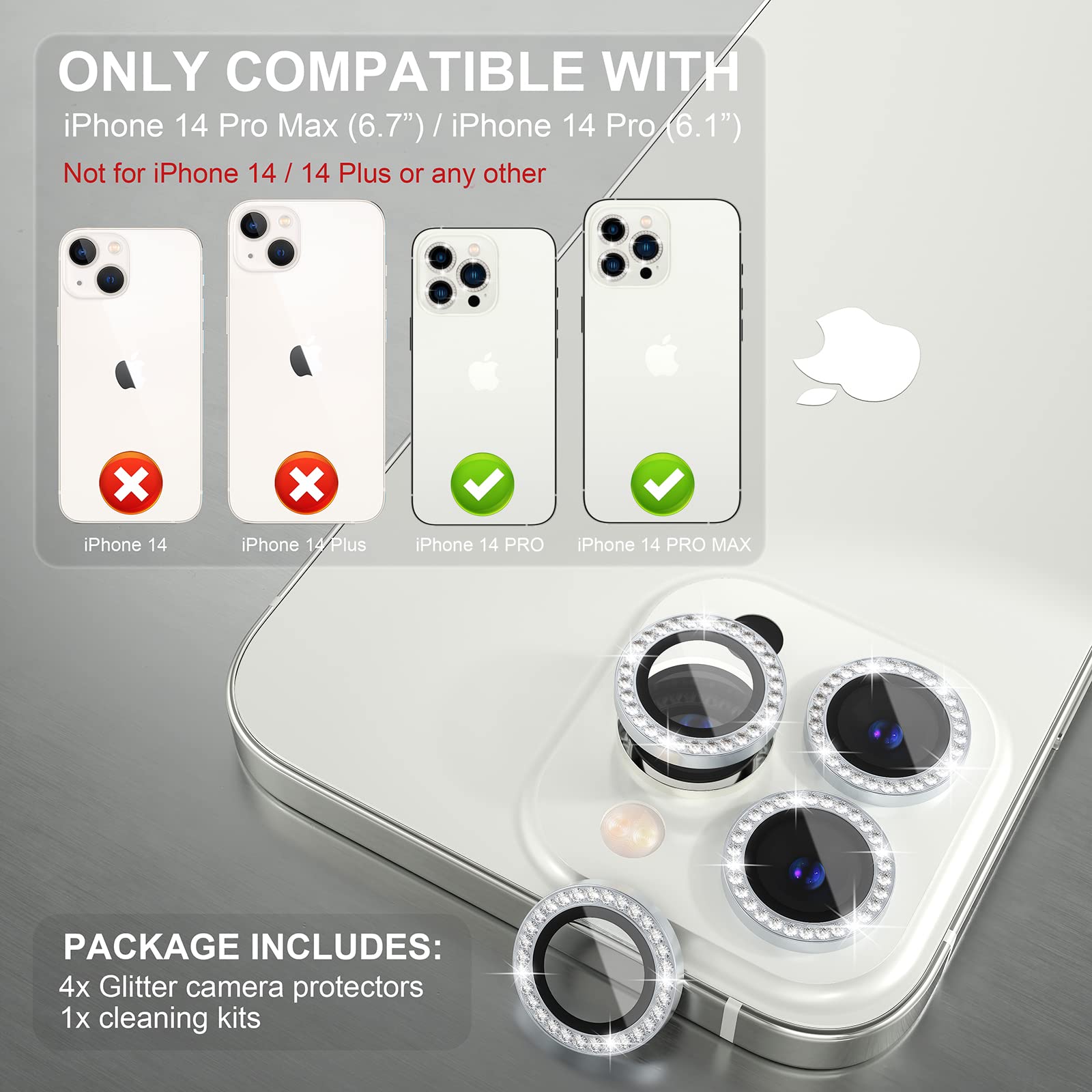 Choiche [3+1] do iPhone 14 Pro / iPhone 14 Pro Max osłona obiektywu aparatu, szkło hartowane 9H, osłona aparatu, ochraniacz ekranu, metalowy pierścień, akcesoria dekoracyjne (diamentowo-srebrny)