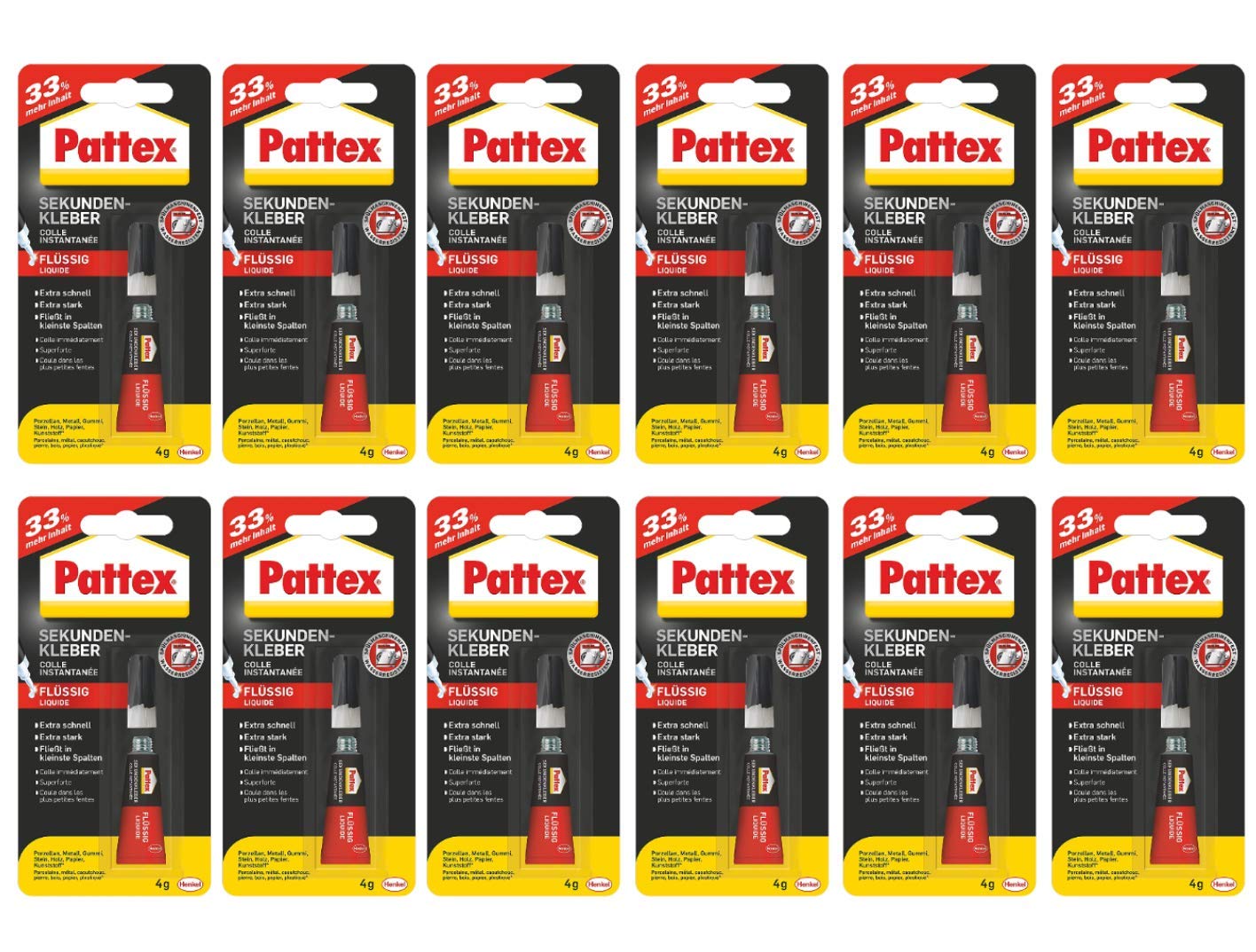 Pattex Sekundenkleber flüssig 12x4g (Insgesamt: 48g) +33% mehr Inhalt