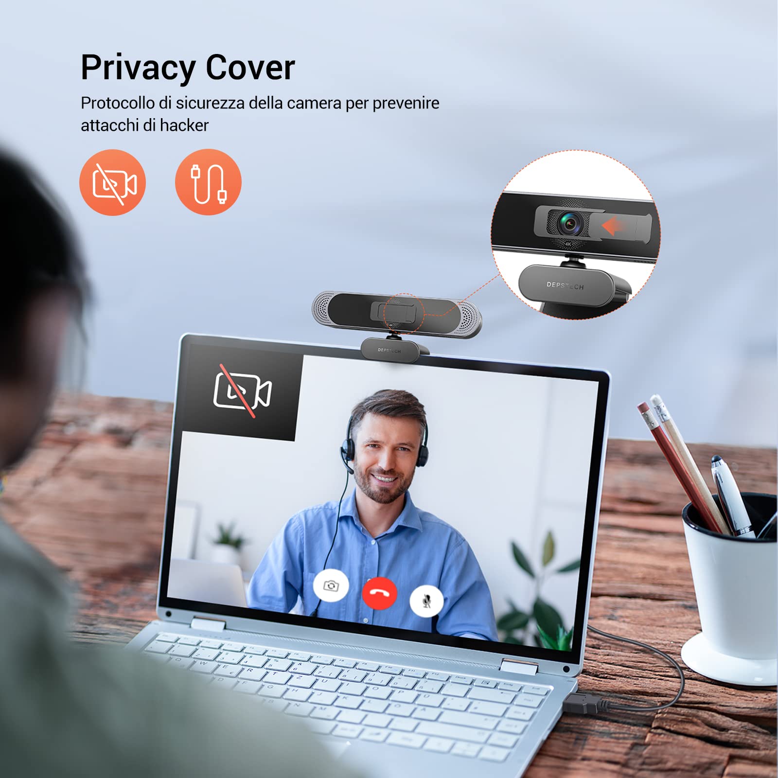 DEPSTECH Webcam 4K, DW49 Webcam HD Autofocus con Sensore da 1/3'', Doppio Microfono Antirumore, Coprilente e Treppiede, per Streaming su PC Windows, Mac, Laptop, Zoom, Skype, YouTube