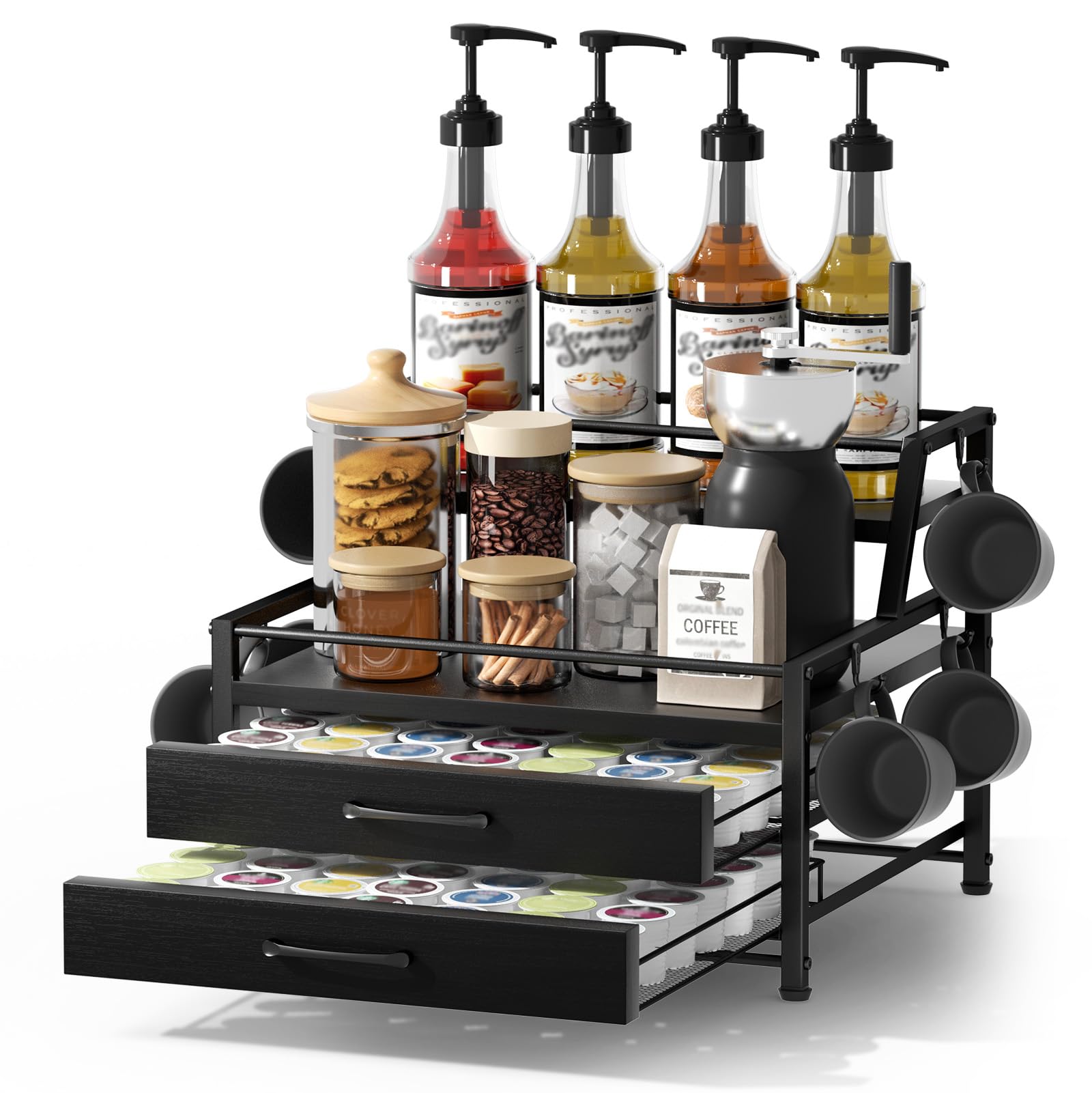 Homsorout Coffee Syrup Rack Organizer - 4-Tier 8 Syrup Wine Bottles Stand with 82 Storage Drawer for K Cups, Coffee Pod Holder for Countertop, Bar Station, Kitchen, Black