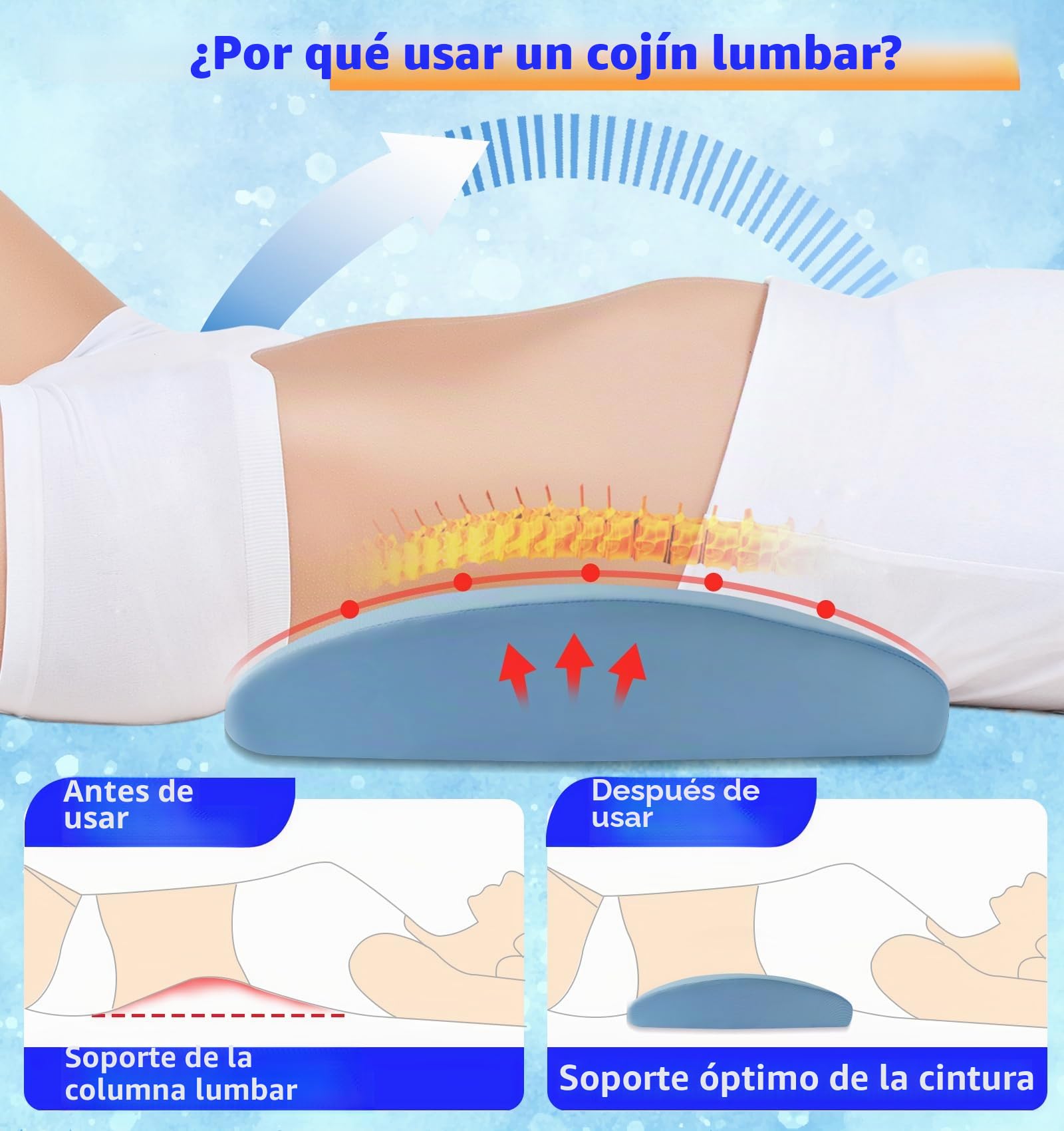 Cojín lumbar ortopédico ergonómico de espuma viscoelástica para la espalda y el sofá – Alivio en la espalda baja – Funda extraíble lavable