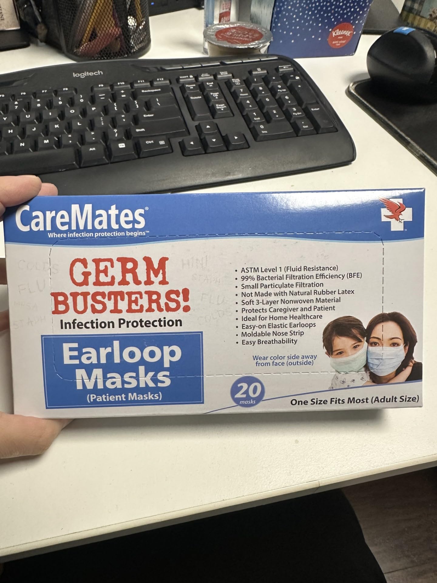 CareMates Soft Disposable 3-Ply Elastic Earloop Patient Mask, Fluid Resistance, 99% Bacterial & Small Particle Filtration, Breathable, 20 count Pack of 5
