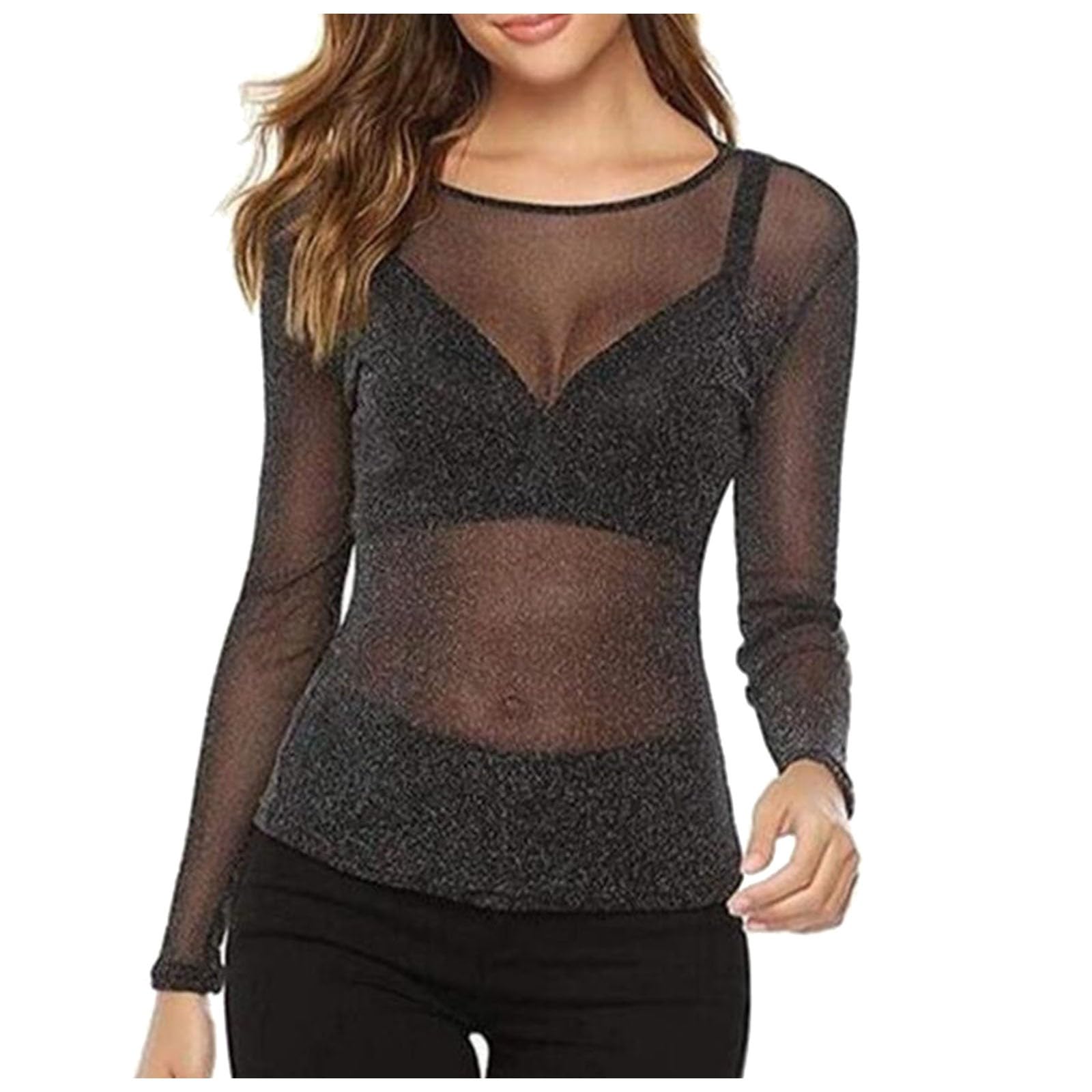 Camiseta Rejilla Mujer Transparente Manga Larga Elástica Body Y2k Rosa