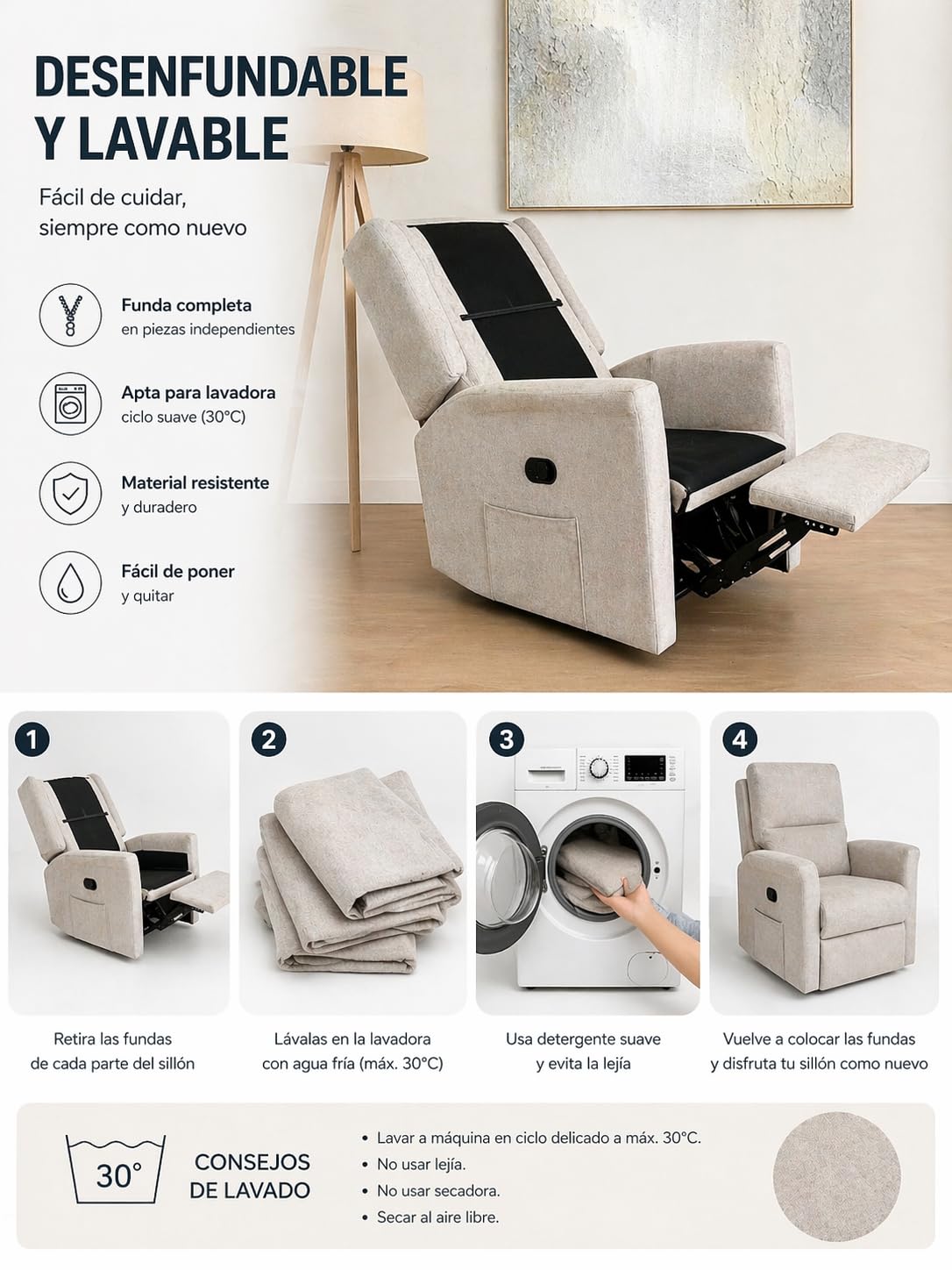 Sillón Relax Reclinable Ergonómico – Sillón Cómodo y Elegante, Fácil Limpieza, Tapizado Premium, Ideal para Salón, Descanso y Lectura (beig)