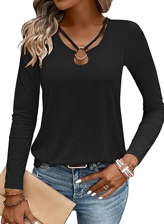 LOLONG Womens Long Sleeve Shirts Sexy Cut Out Tops Ring Keyhole Neck Tees