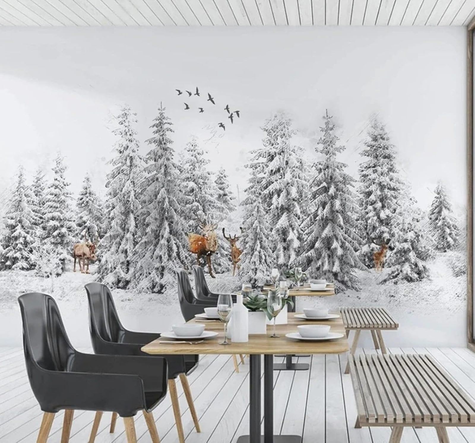 XLMING Beautiful Black and White Moose Forest Snowy Landscape 3D Wallpaper Luxury Silk Study Dining Feature Sofa Grey Bedroom Living Room Tv Decorative Wall-430cm×300cm
