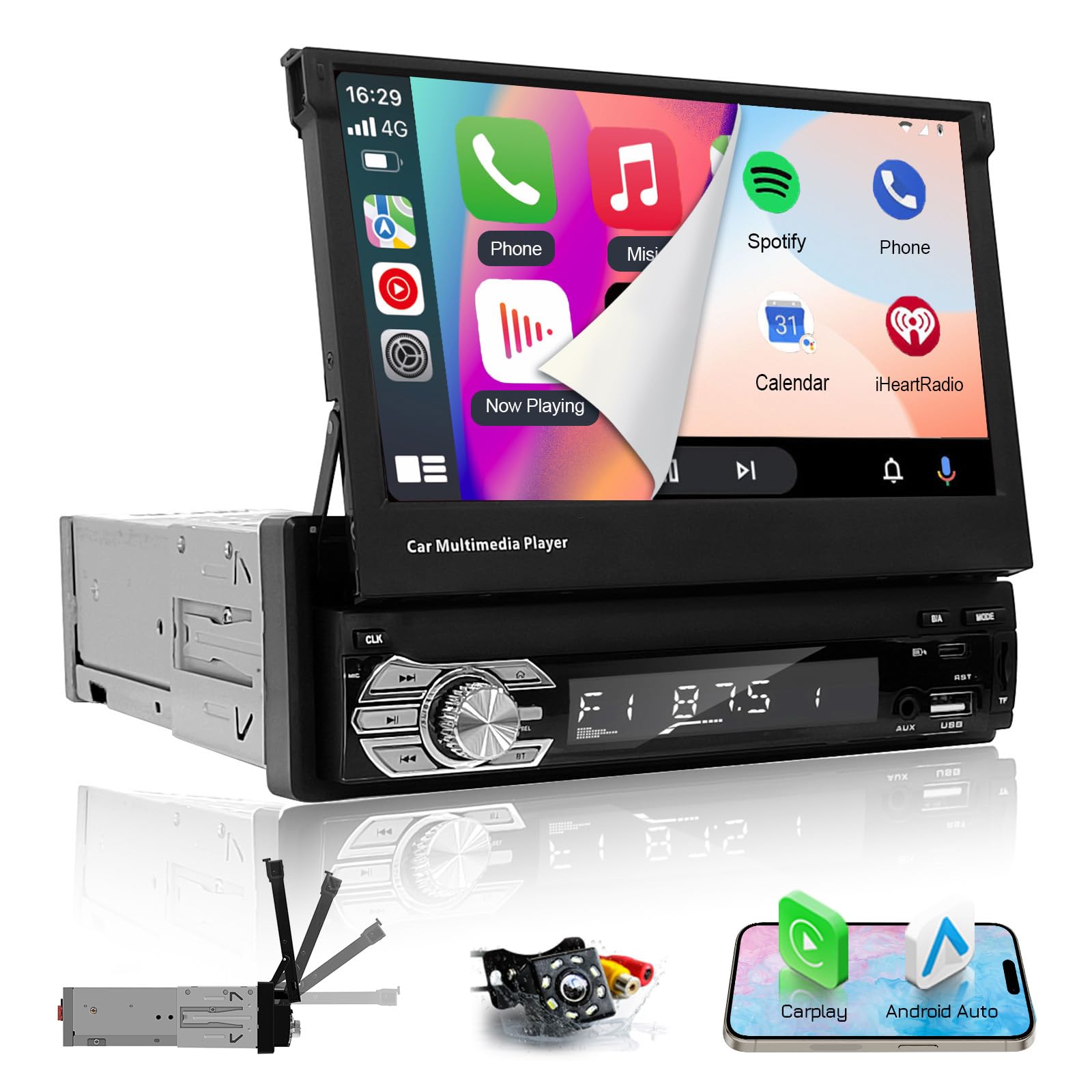 Autoradio Bluetooth 1 Din con Carplay Android Auto schermo da 7 pollici | 7 Pollici Retrattile manual Touchscreen Supporta Bluetooth Vivavoce/FM Radio RDS/Mirror Link/USB/EQ Controllo al Volante