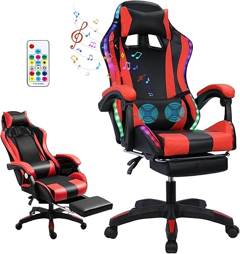 Silla de juegos con altavoces Bluetooth y luces LED, silla de masaje para jugadores con reposapiés, respaldo alto y soporte lumbar, sillas