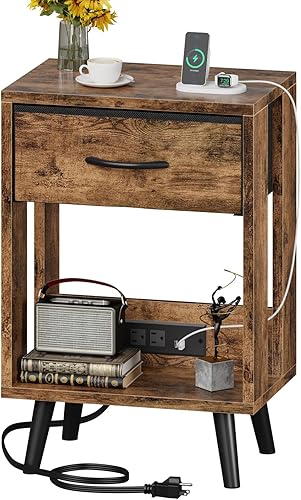 GYIIYUO Mesita de noche con estación de carga y cajón de tela, mesa auxiliar con almacenamiento para dormitorio, mesita de noche con estante de