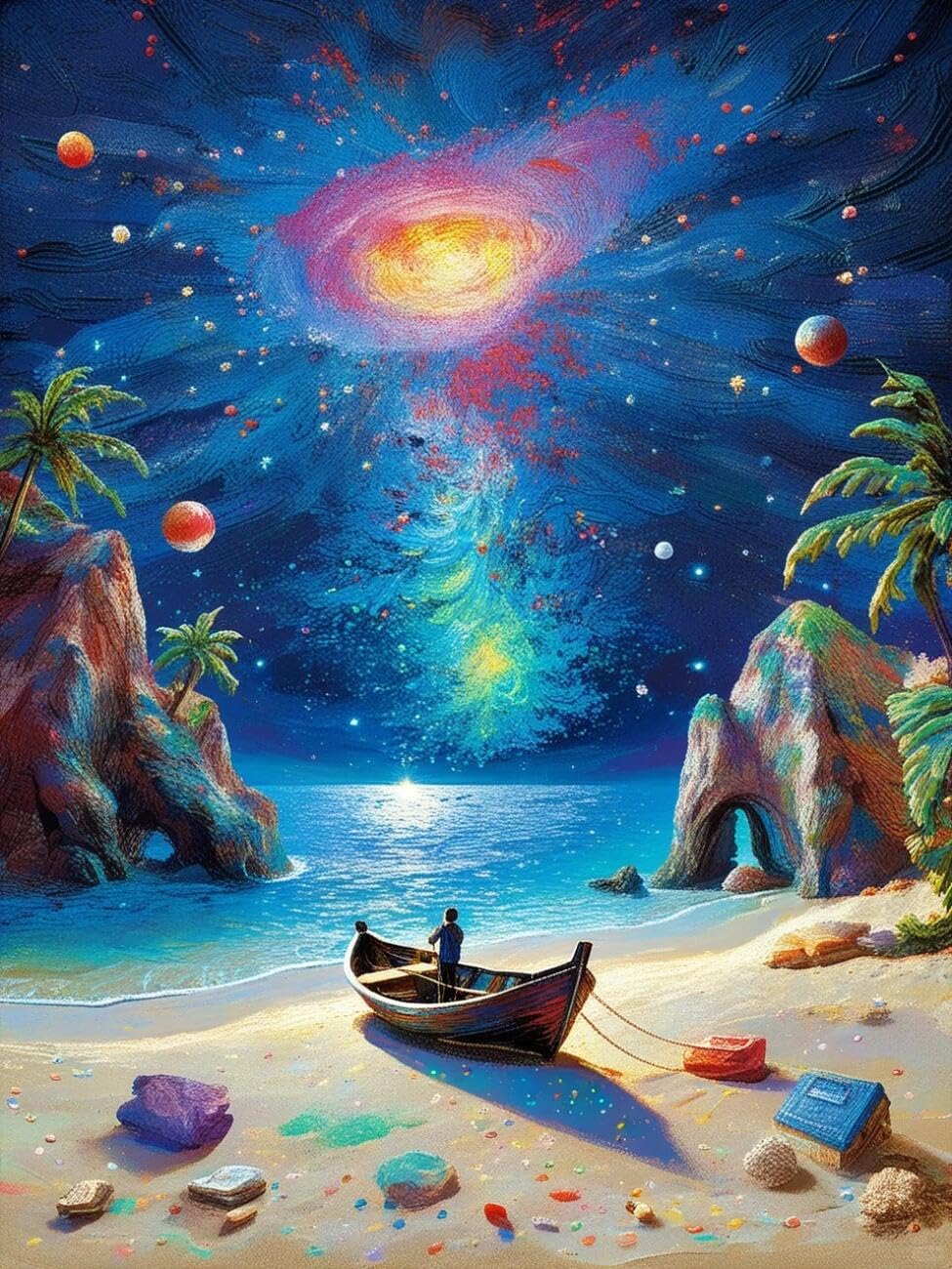 Henypt Cross Stitch Kit Starry Sky and Beach Landscape DIY Arts Aand Craft Kit for Beginners The Elderly with Accessories Handmade DIY/Gifts 14CT 40x50cm