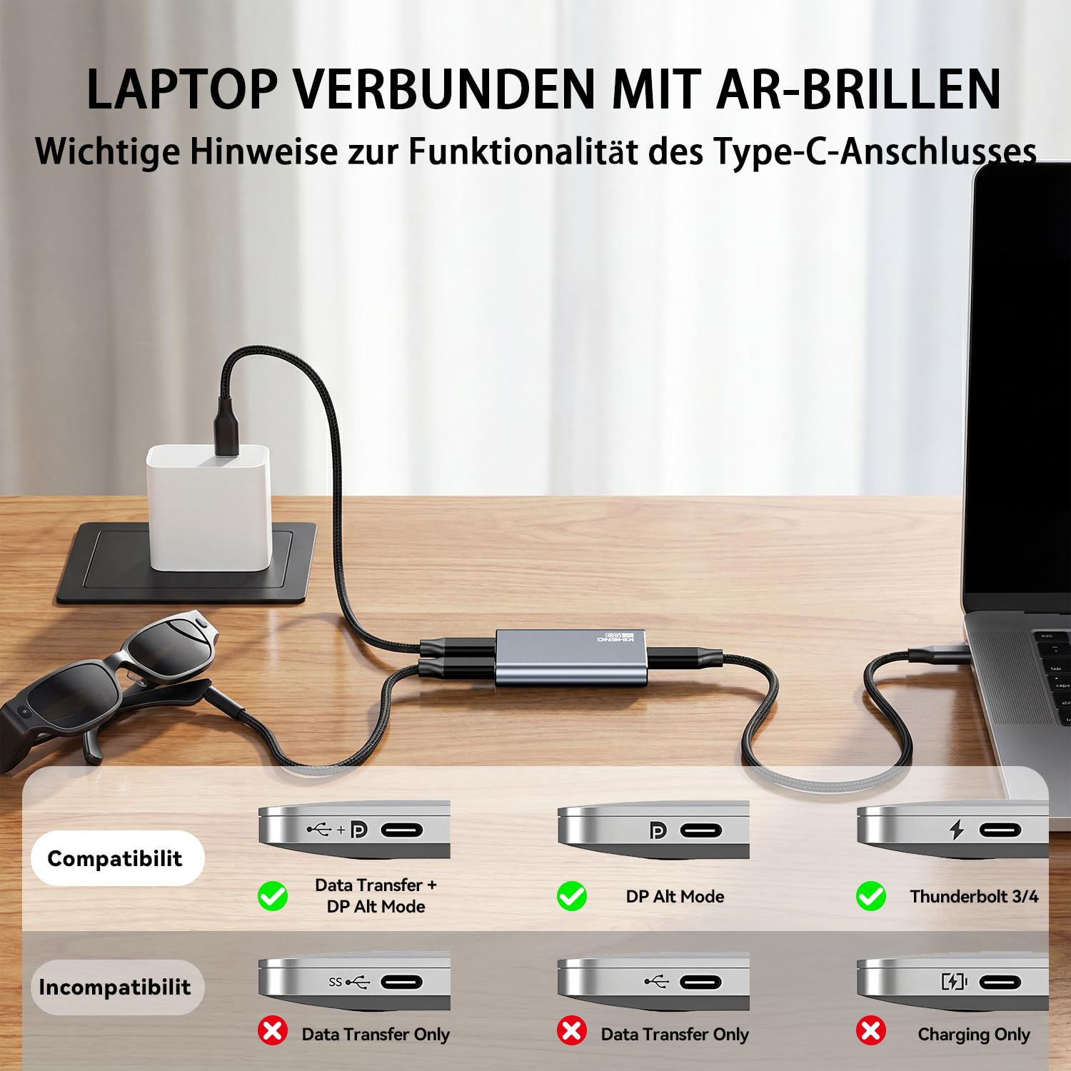 USB-C-auf-AR-Brillenadapter,Power für Xreal/Viture/RayNeo AR-Brillen während des Ladevorgangs für Steam Deck,ROG Ally,Switch 2,DJI RC 2,iPhone 17 oder Android-Phones,kompatibel mit 8K 30Hz/4K 144Hz