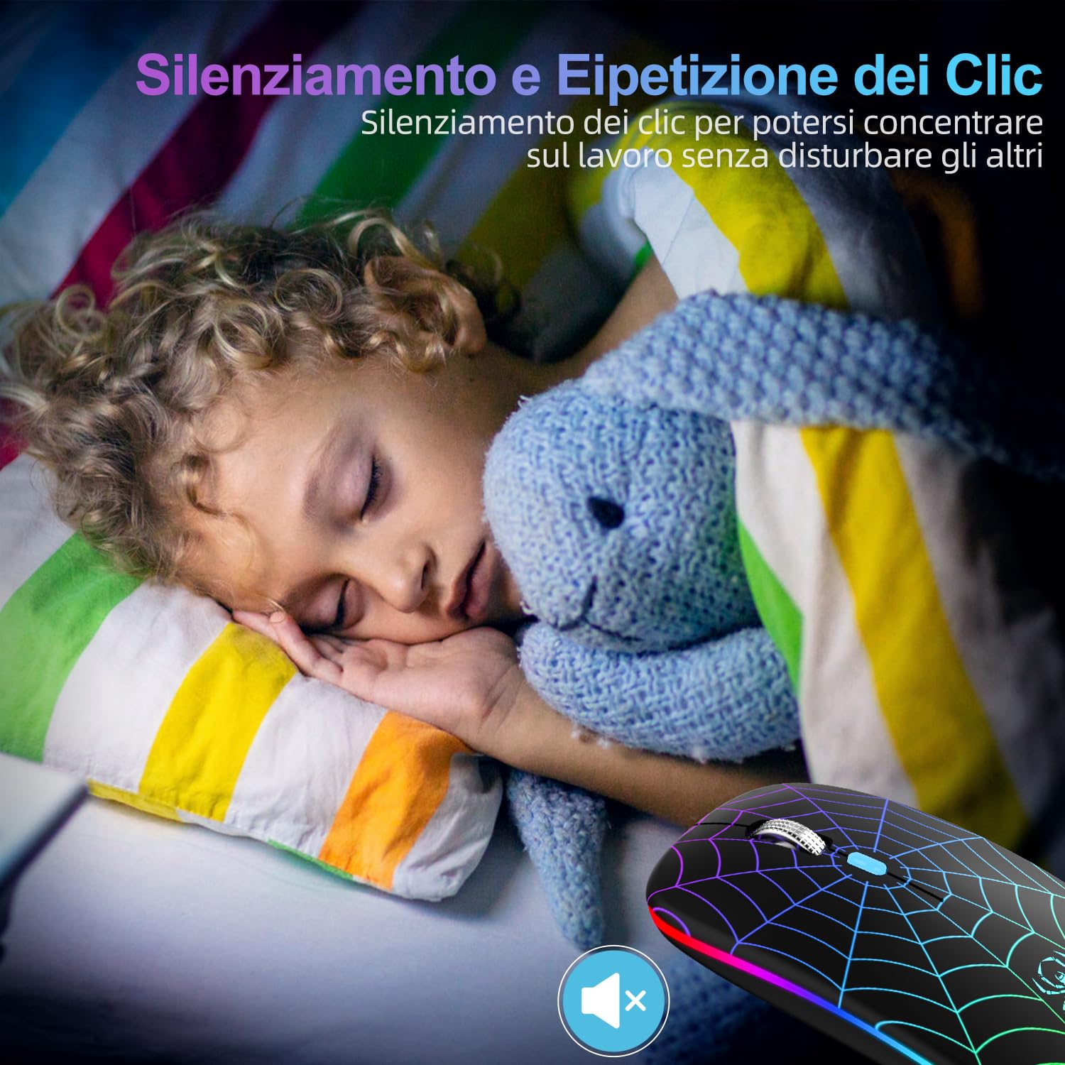 SZO Mouse Wireless Ricaricabile con Convertitore USB e Tipo-C,RGB a 7 Colori,Portatile e Precisione Regolabile (800/1200/1600),Nero