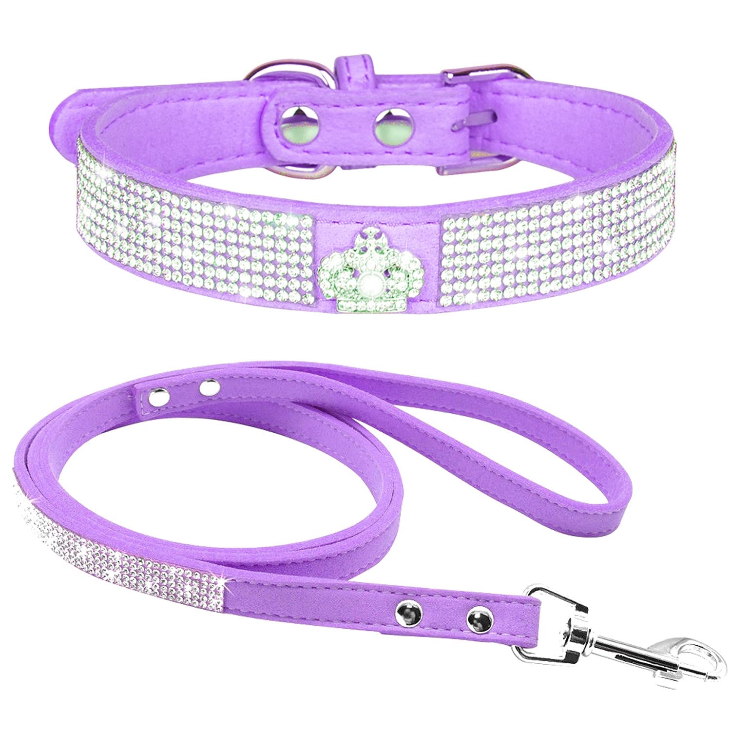 haoyueer Cute Dazzling Sparkling Elegant Fancy Soft Suede Leather Bling Rhinestone Crystal Jeweled Pet Cat Dog Puppy Collar Dog Leash Combo Set (XS, Pink-1) — view 6