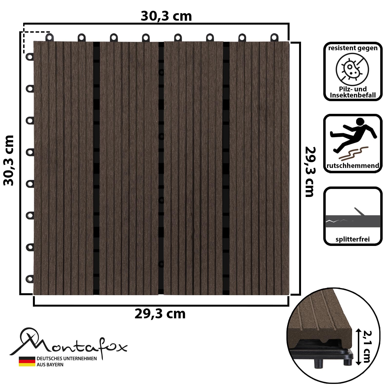 Montafox Piastrelle WPC 30x30 cm 11 Pezzi / 1 m² o 22 Pezzi / 2 m² a Incastro Effetto Legno Pavimento per Terrazza e Balcone, Dimensione:2 m² | 22 Piastrelle, Colore:Marrone Scuro