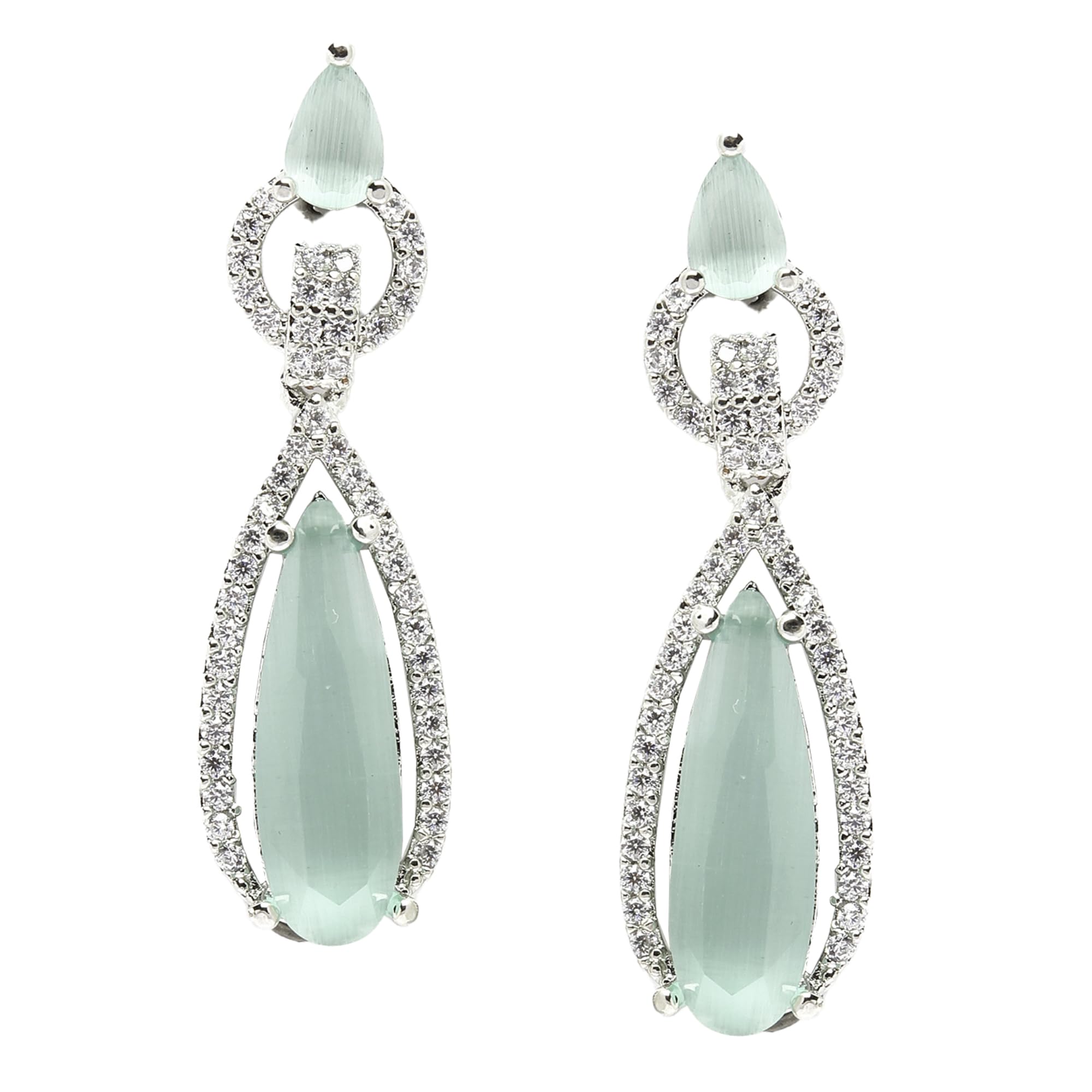 ZENEME Rhodium-Plated American Diamond Studded Handcrafted Long Teardrop Shaped Drop Earrings For Girls and Women (Sea Green) (B0CGHPW49W) Amazon Price History, Amazon Price Tracker