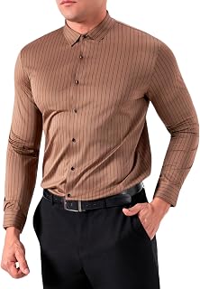 Men's Muscle Dress Shirts Slim Fit Stretch Banded Collar Tops Stripe Button Down Shirt Fall Business Work Clothes