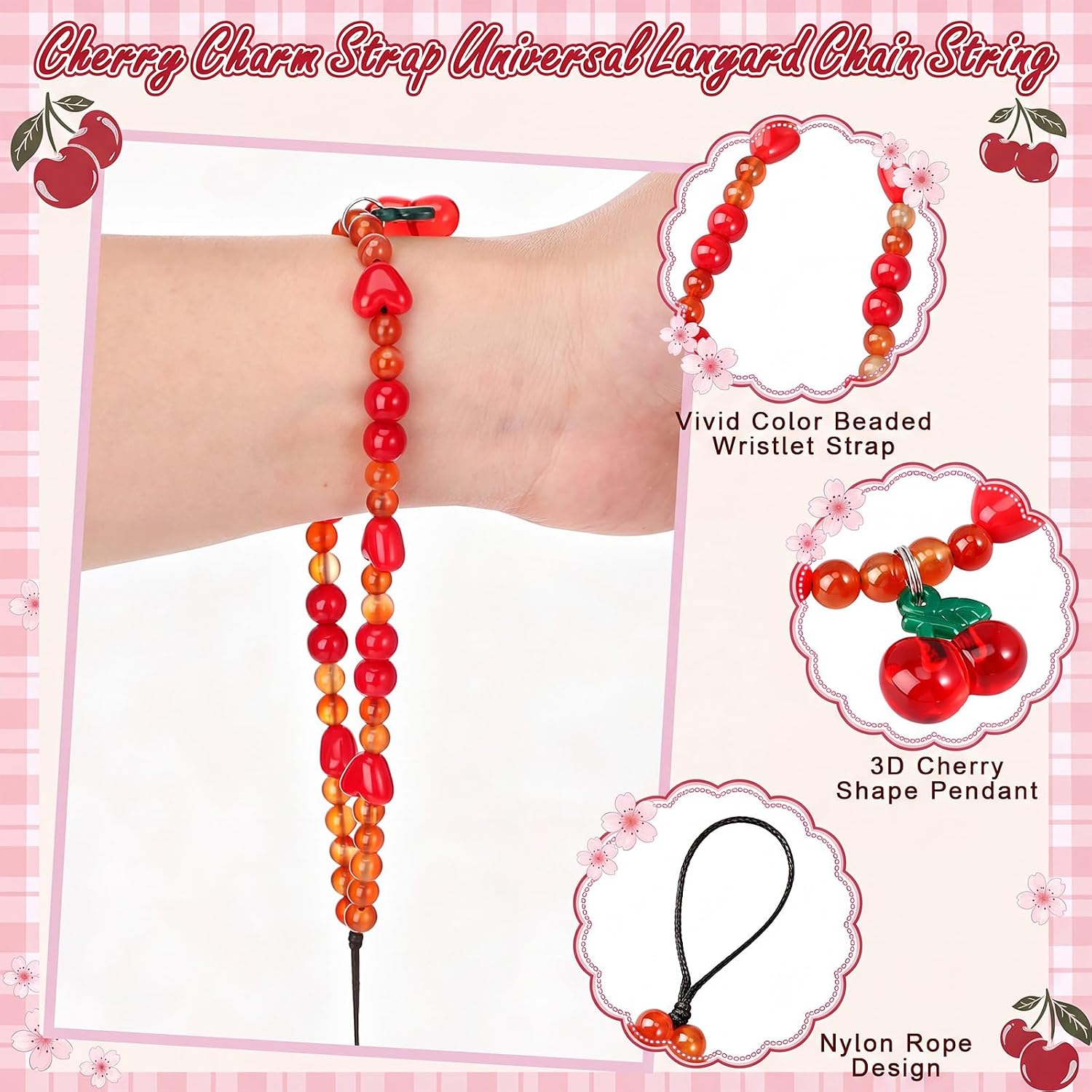 6 Pcs Cherry Phone Charm Gift Set for Women, Beaded Wrist Strap image 3