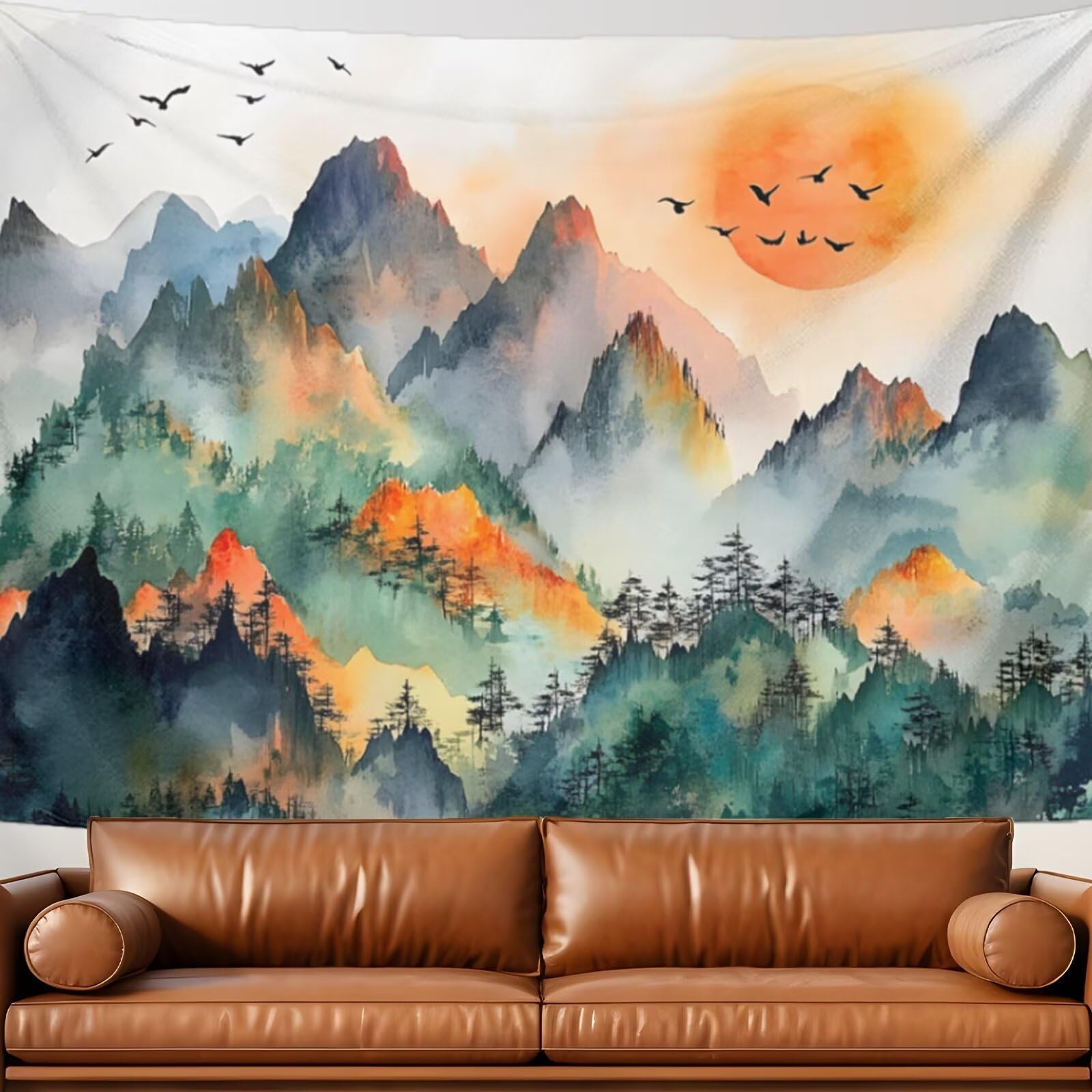 DTIQCCN Mountains Forest Watercolor Tapestry Landscape Green Forest Scenery Natural Tapestry for Bedroom Living Room Wall Art 40x60 Inch