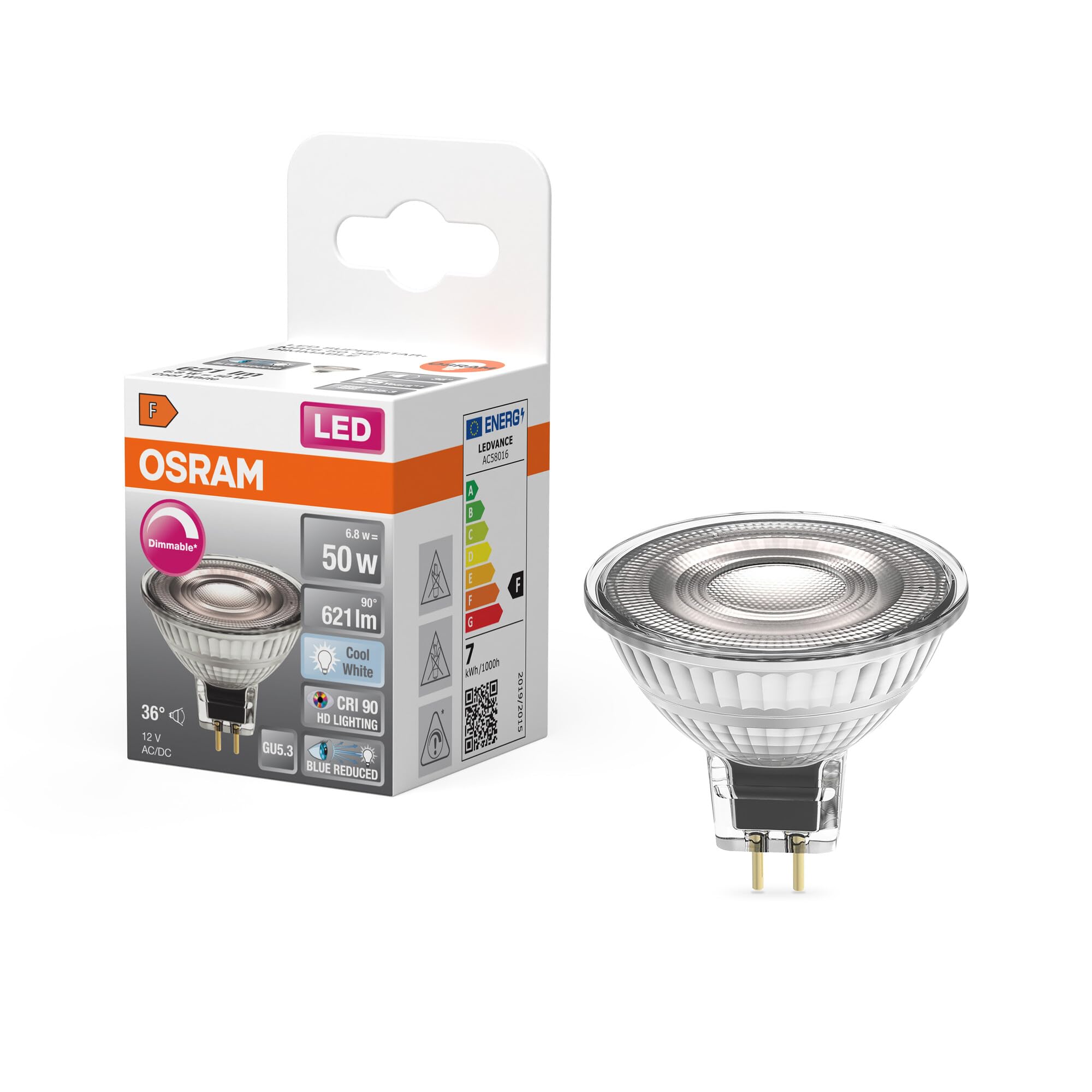 OSRAM Superstar dimmable LED lamp with Extra high Colour Rendering (CRI90), GU5.3-Base Clear Glass,Cold White (4000K), 621 Lumen, 50W-Replacement, dimmable, 1-Pack