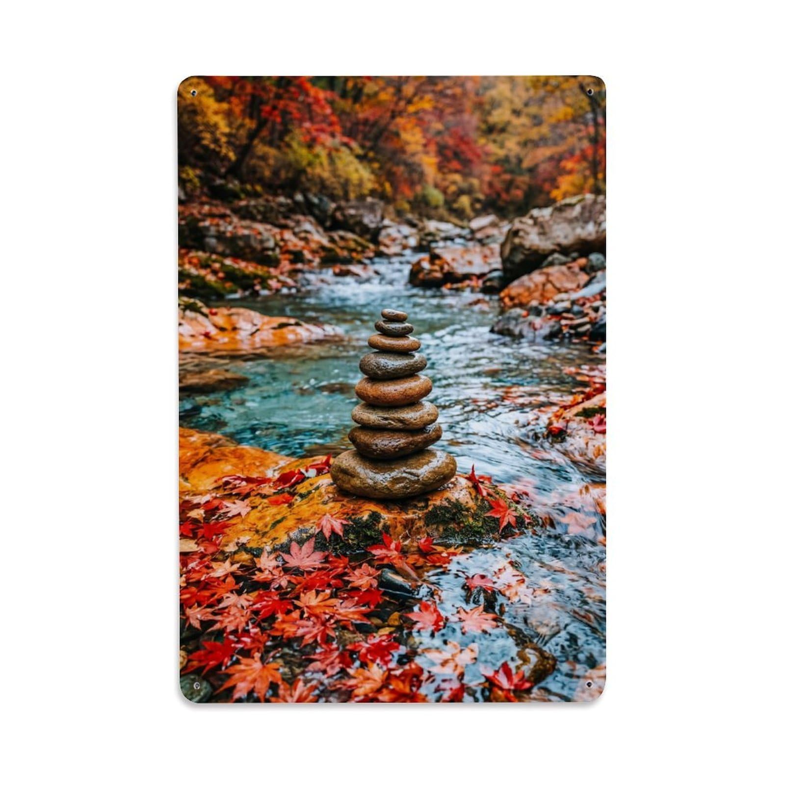 Autumn River Zen Nature Pebble Cairn Healing Serenity Classic Metal Tin Sign Plaque Wall Decor for Cafe, Man Cave, Club Bar, Office, Home Garden Round Metal Poster 8x12Inch