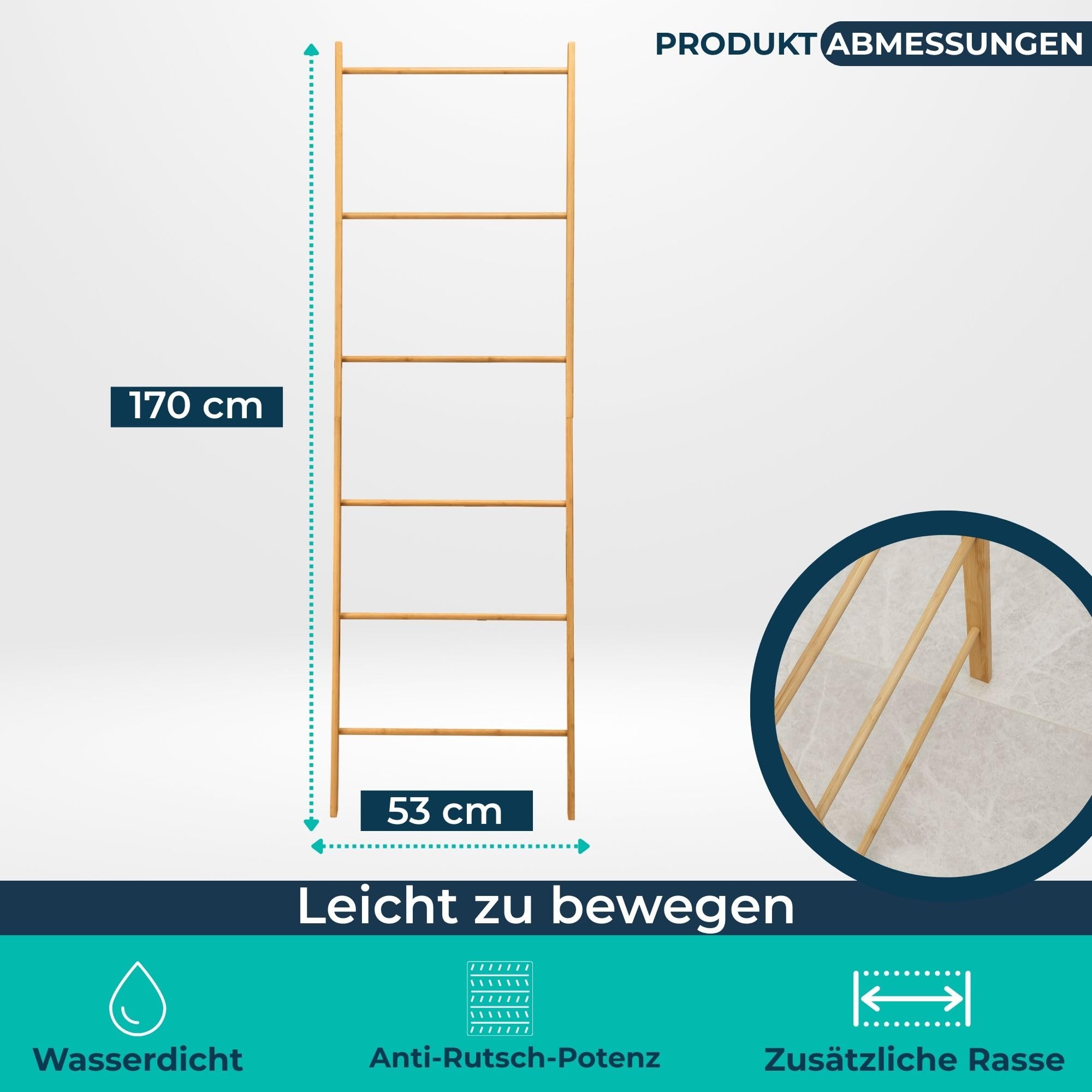 BUDDLEY Handtuchleiter - Bambus - extra breit - Deko-Leiter - Wäscheleiter - Leiterregal - Kleidung - Standmodell - Badezimmer - Schlafzimmer