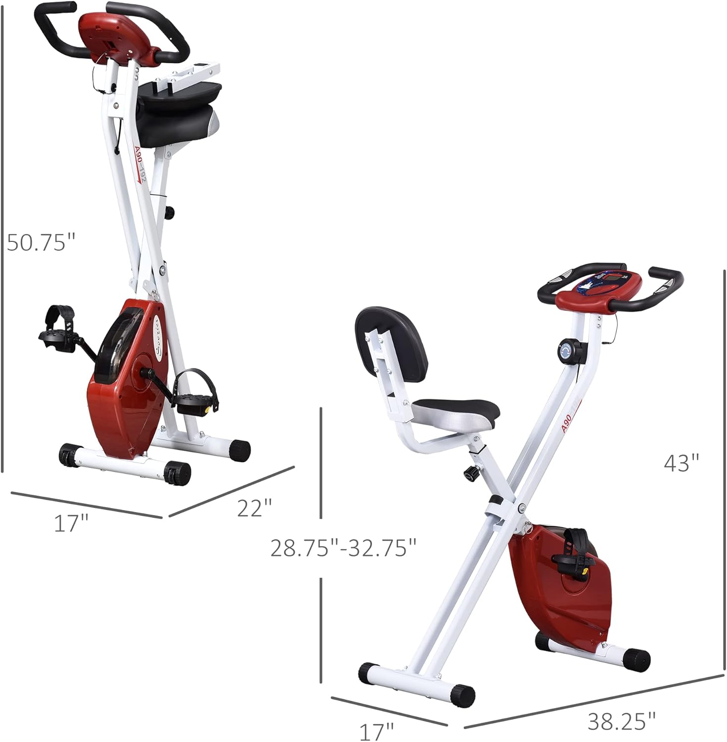 Dimensions of the Soozier Foldable Exercise Bike in both folded and unfolded states