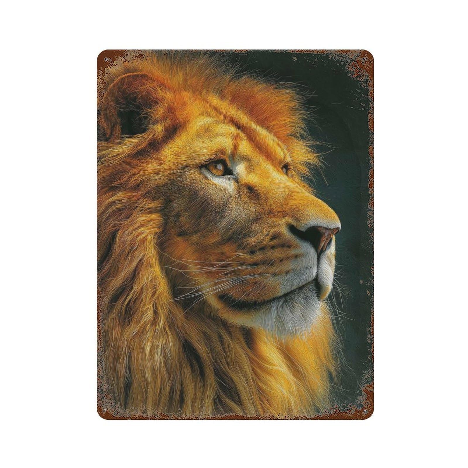 Aged Metal Wall Plaque with Majestic Lion Portrait Design 15.7"x11.8", for Basement, Hobby Room And Garage Decor, Farmhouse Wall Decor