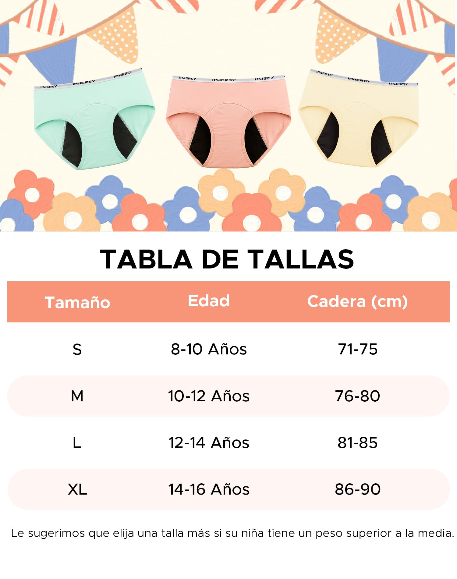 INNERSY Bragas Menstruales Niña Ropa Interior Protección Algodón Braguitas Regla 8-16 Años Pack de 3
