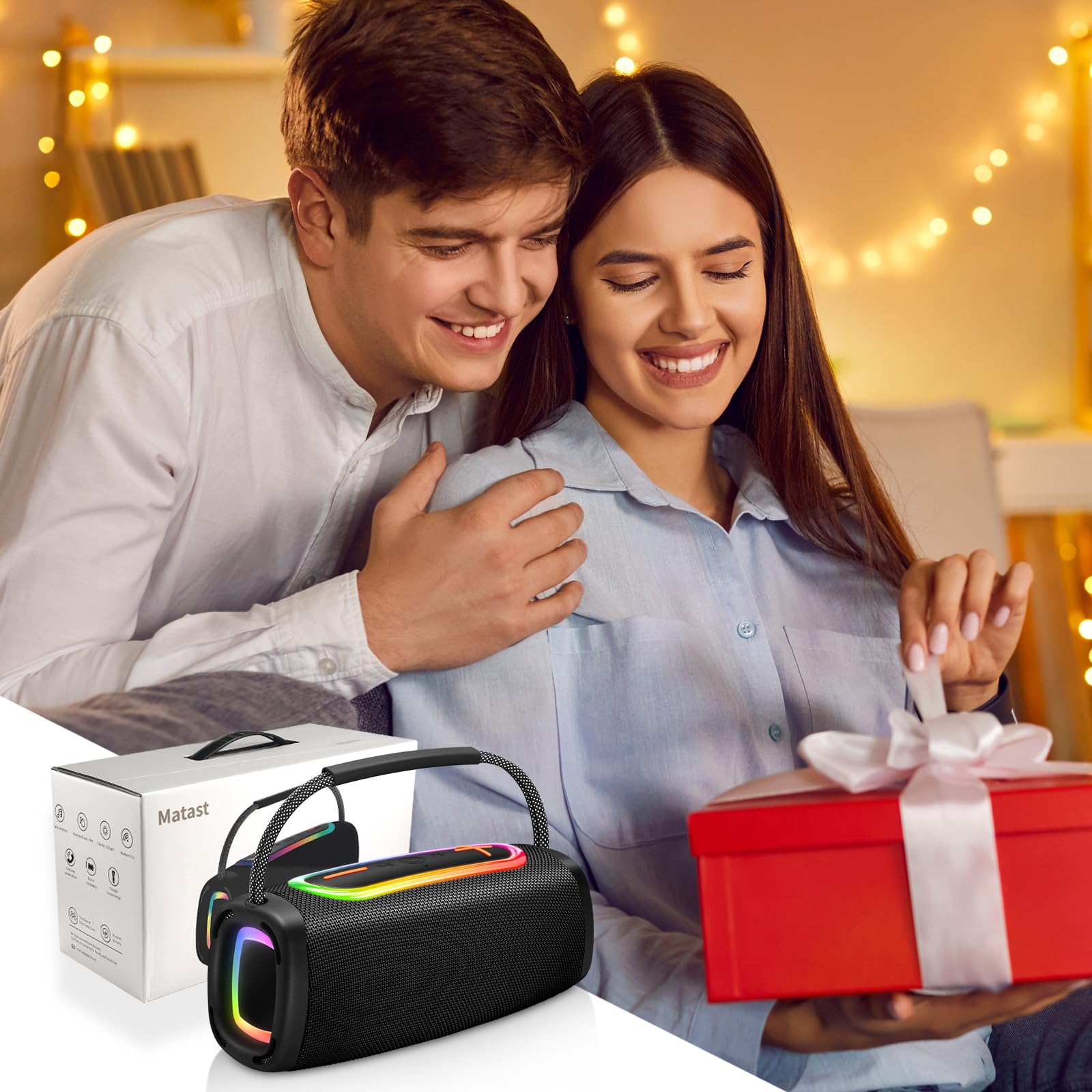 Donerton Altavoz Bluetooth Potente, Altavoz Portátil con 6000 mAh y hasta 36 h, Bluetooth 5.4, Sonido Estéreo 60W, Graves Potentes, Luces LED, Micrófono y Asa para Fiestas, Viajes, Camping y Exterior