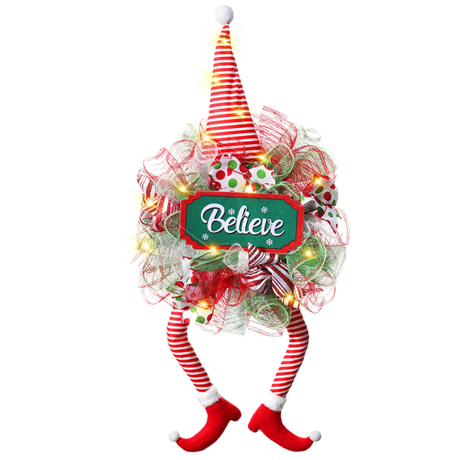 Christmas Wreath for Front Door with Lights, Artificial Clown Elf Wreath, Christmas Mesh Door Wreaths, Hat Legs Christmas Front Door Outside Wreath, Thanksgiving Deco (Clown-C)