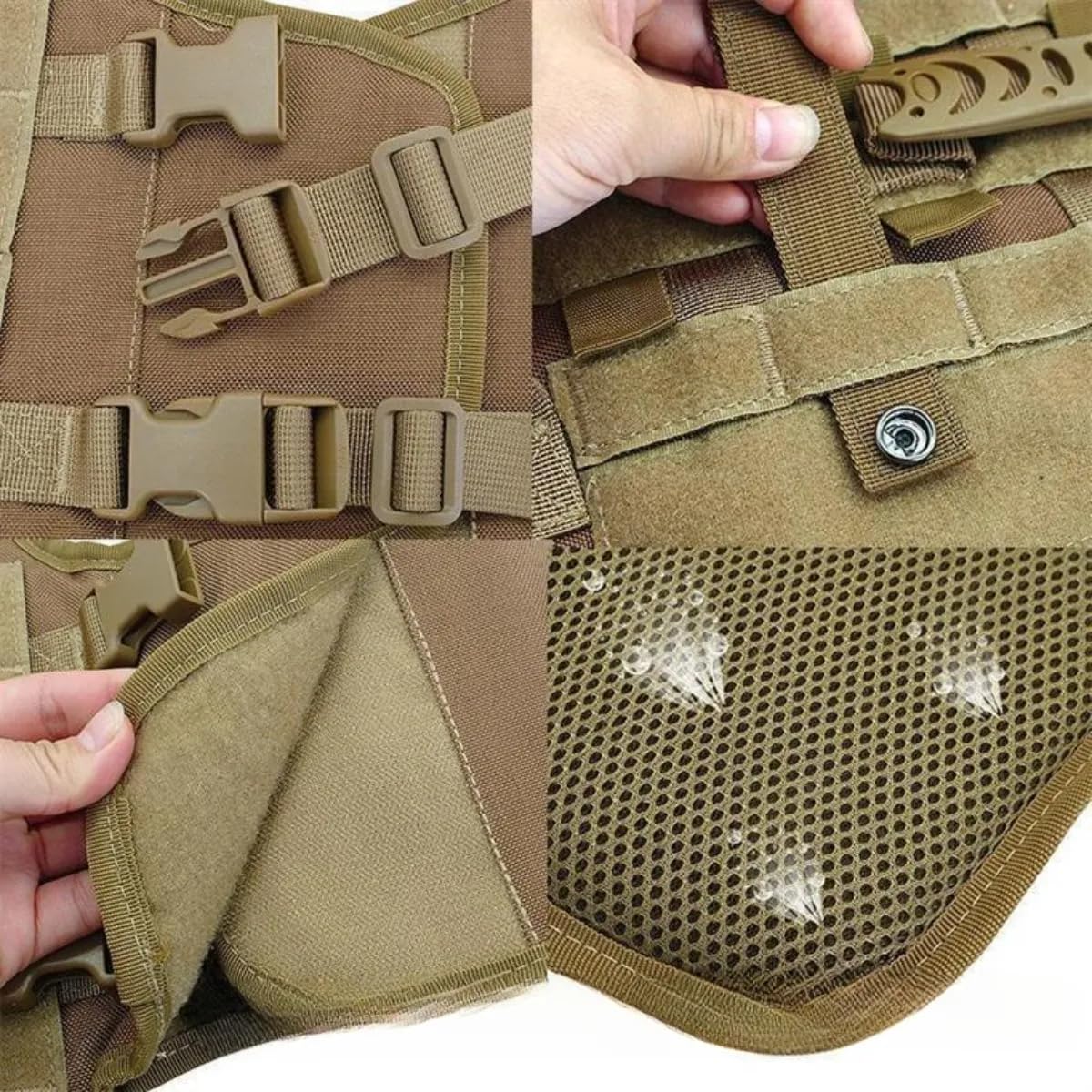 Taktisches Hundegeschirr, Weste für große Hunde, 5-in-1, verstellbarer Brustrucksack mit Leine und tragbarer Outdoor-Tasche, wasserdicht, Wander-/Campingausrüstung (Braun, Größe M)