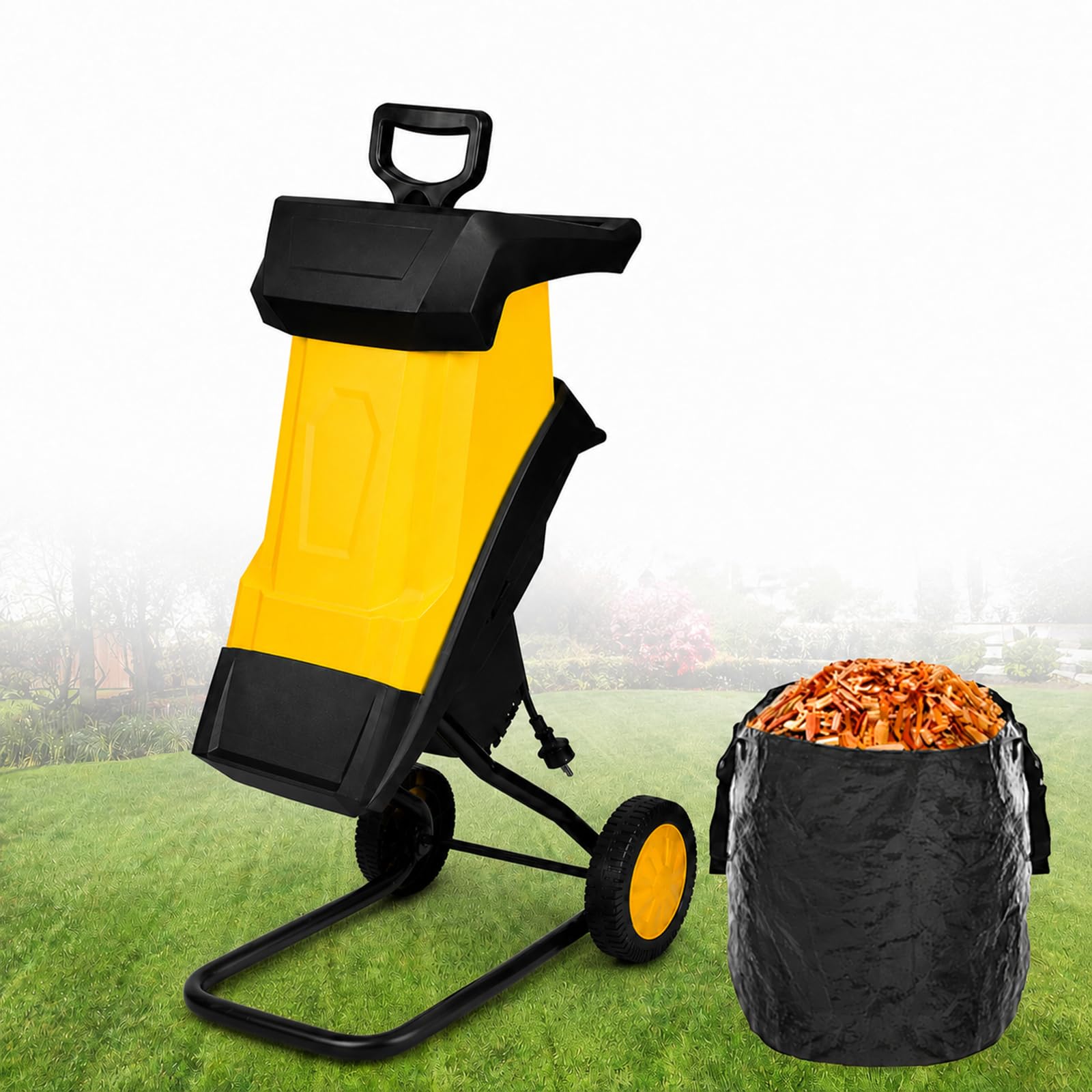 Trituradora de Ramas 2500 W, Corte de hasta 40 mm 10mcable | Bastidor metálico estable, asa integrada y ruedas facilitan el transporte y el almacenamiento del equipo