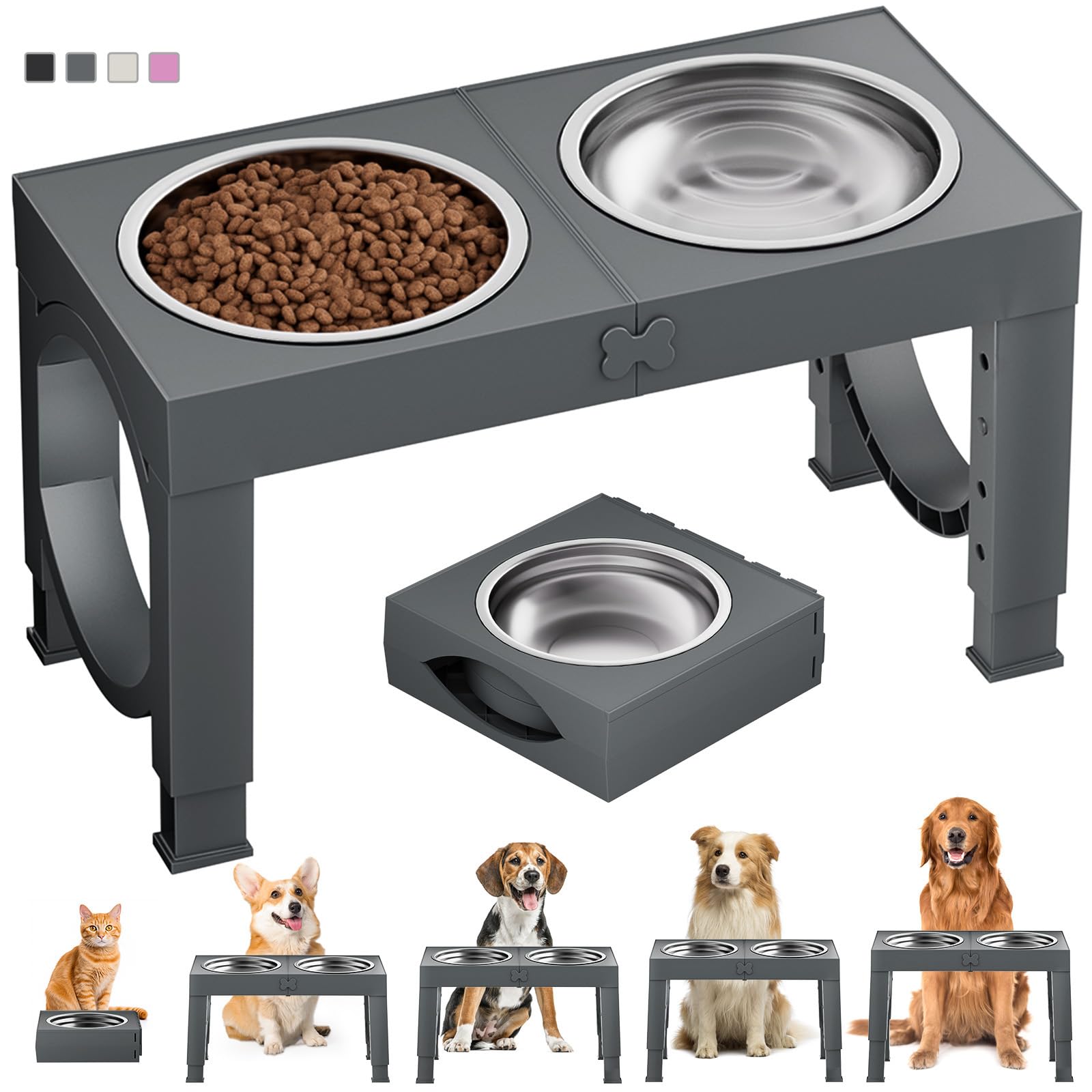 Elevated Dog Bowls Large Breed XiaZ Raised Dogs Bowl Stand Large/Medium Sized Dog 1L Food Water Bowl Stands 5 Heights Adjustable 9/11/12/14in Grey Pet Feeder Dish Station