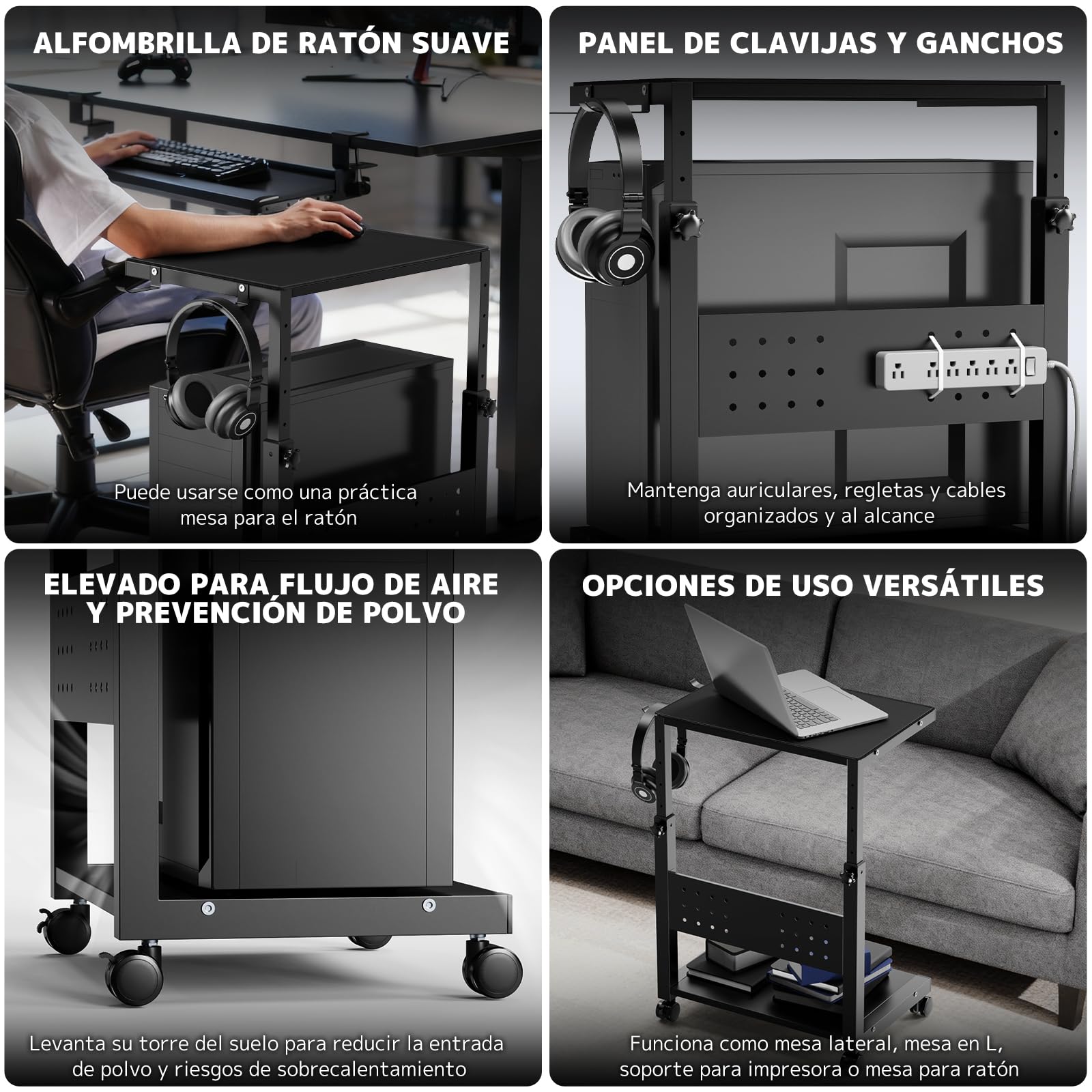 Soporte Torre PC Altura Ajustable 2 Niveles, con Ruedas y Alfombrilla, para Carcasas ATX hasta 40kg/Nivel, Soporte bajo Escritorio para Ordenador e Impresora, Negro