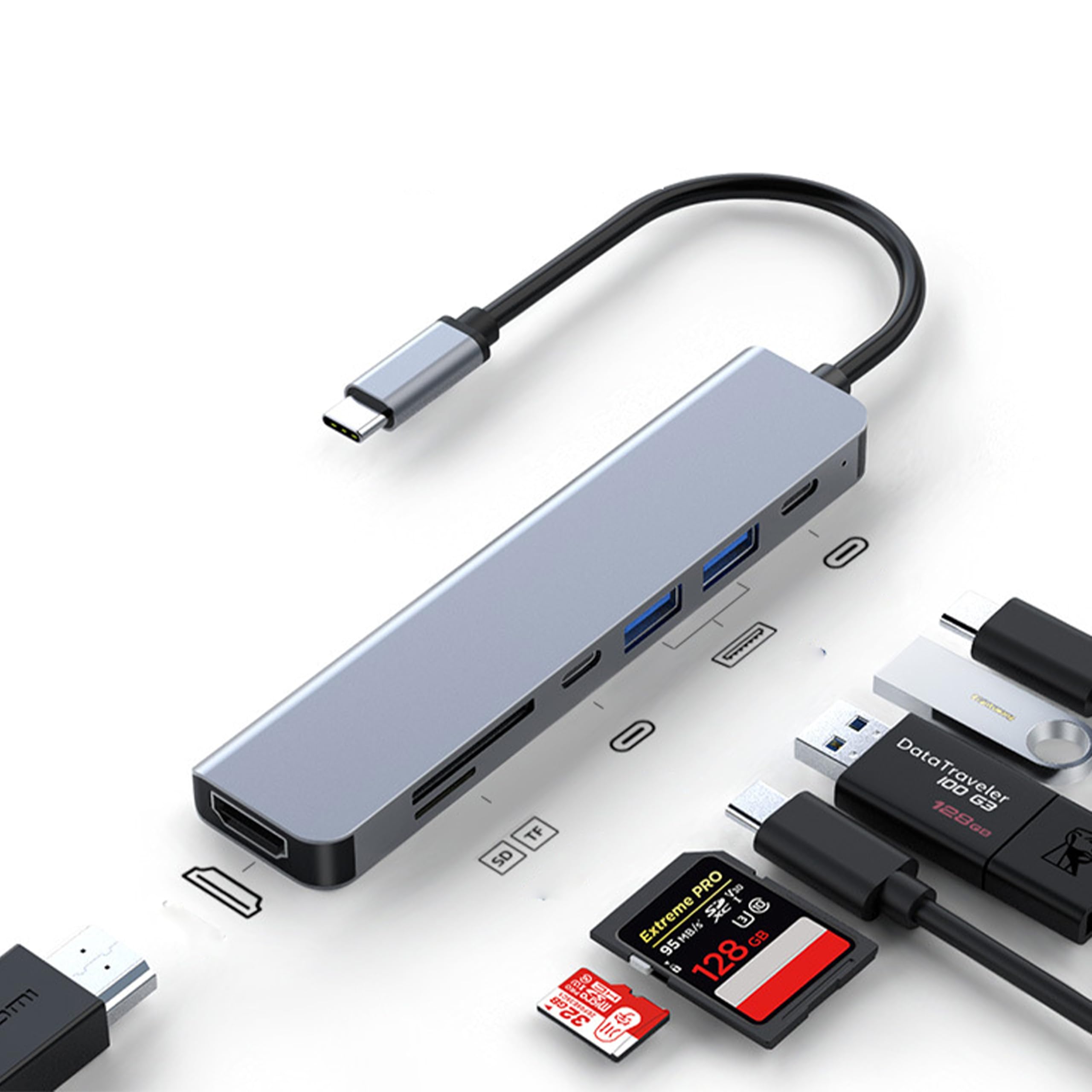 JOZUTTOW USB C Hub, 7 In 1 USB Type C Multi Adapter with 100W PD, 4K HDMI, USB-C, USB 3.0, USB 2.0, SD & TF Cards for iPhone 15 Series, MacBook Air/Pro, iPad Pro, Chromebook, Huawei, Dell, Samsung