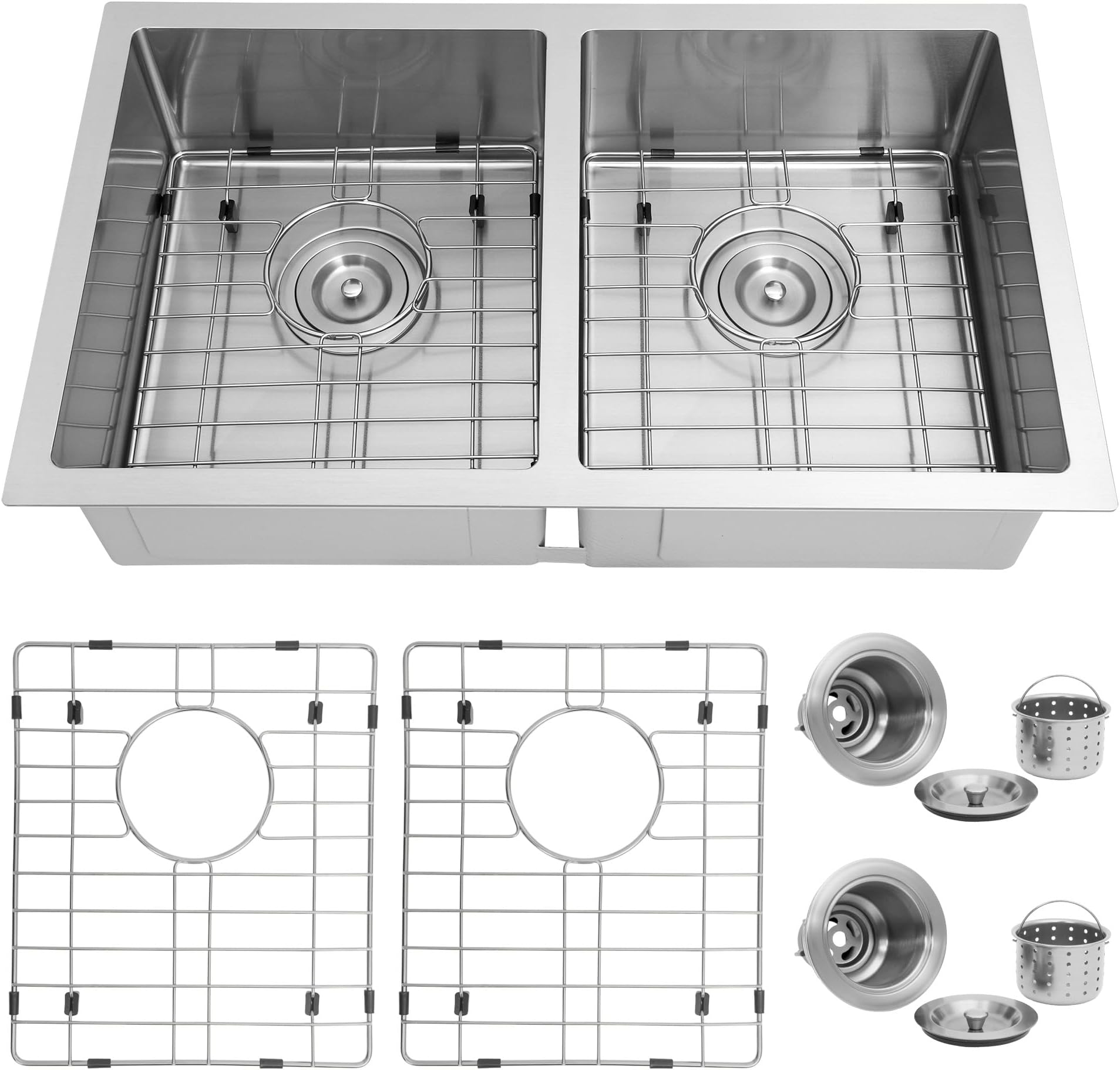 27" X 16" Undermount RV Sink, 50/50 Double Bowl, 16-Gauge Stainless Steel, Brushed Finish, Large Volume with Accessories (Stainless Steel, 27" X 16" X 7")