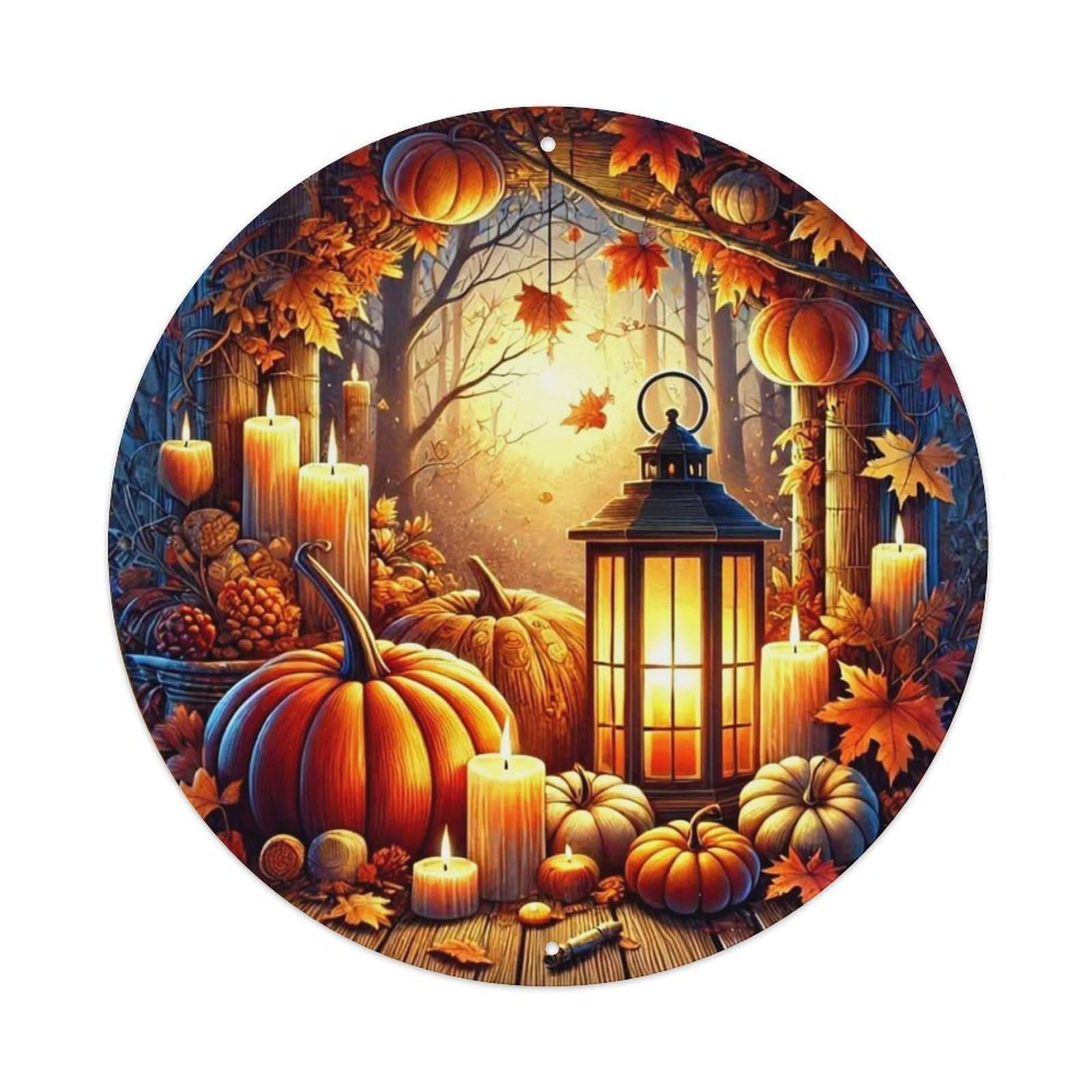 Autumn Forest Lantern Pumpkins Leaves Vintage Round Tin Sign Retro Metal Wall Decor Metal Poster, Home Bar Garage Cafe Wall Art Decoration 8x8Inches