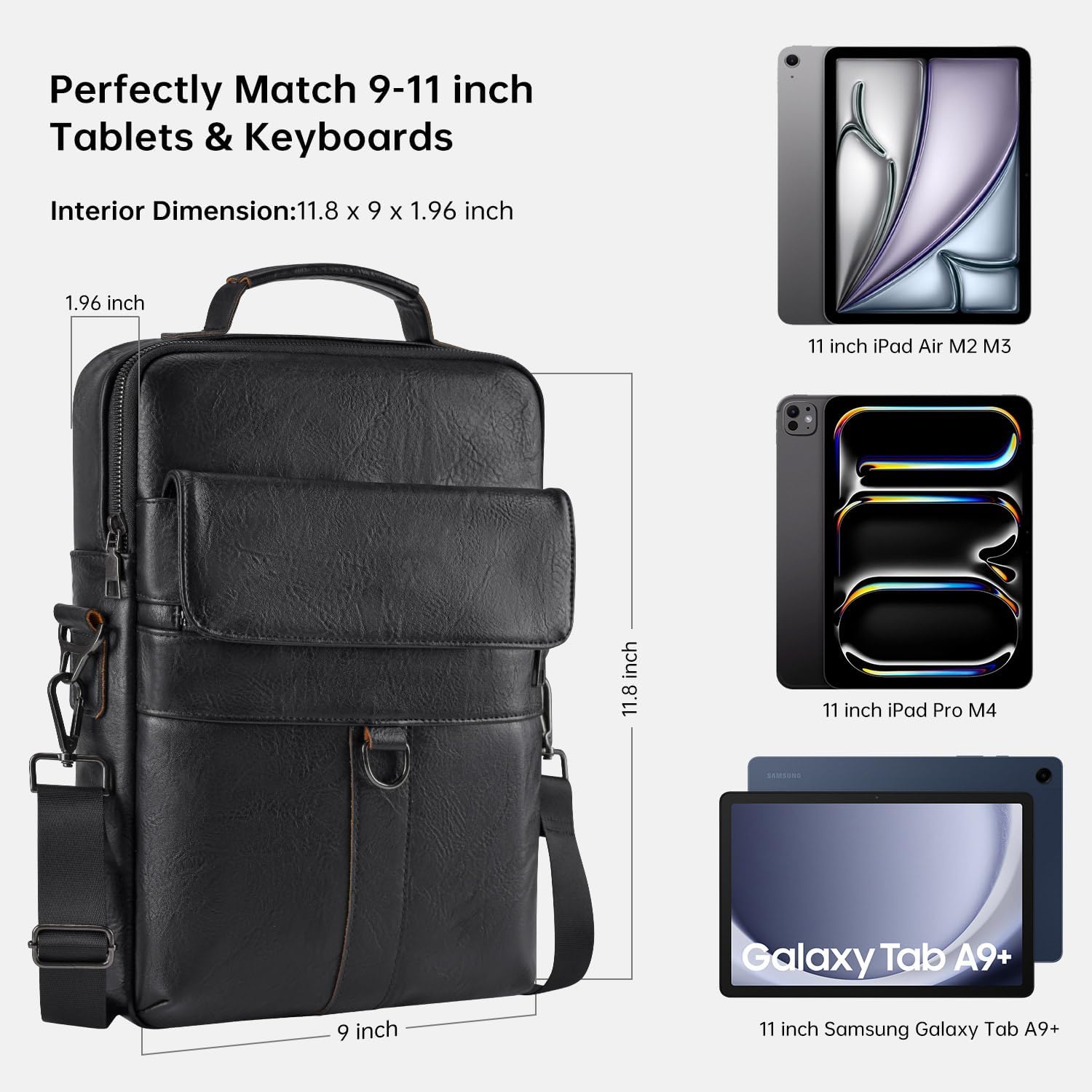 11 inch iPad Sleeve Carrying Leather Bag for 2025 iPad Pro 11 M5 M4 & iPad Air 11 M3 M2, iPad A16 with Magic Keyboard, Protective Padded Travel Shoulder Crossbody Case with Handle, Black