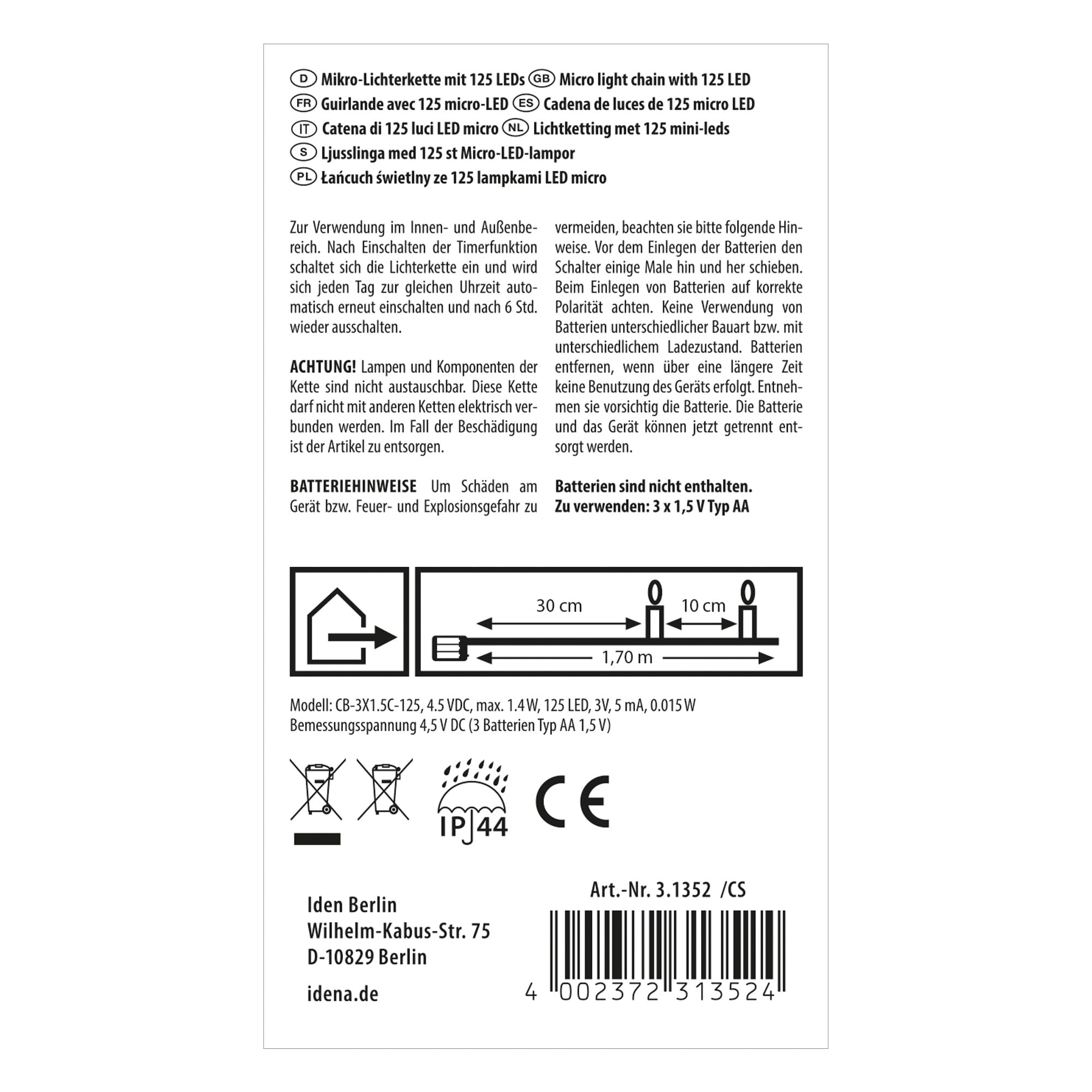 Idena 31352 - Wróżki LED ze 125 diodami LED w kolorze ciepłej bieli, kaskadowe pasma LED z 6-godzinną funkcją timera, zasilane bateryjnie, ok. 1,7 m długości, dekoracja do wnętrz i na zewnątrz