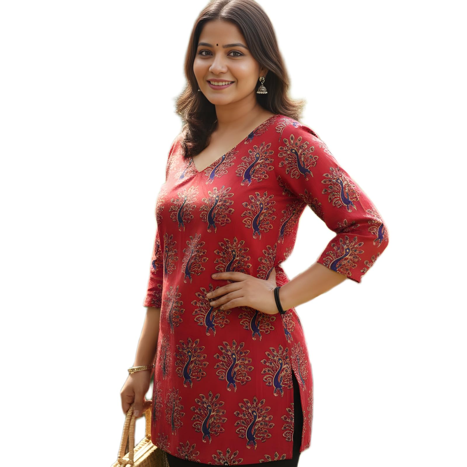 Women’s Cotton Printed Straight Kurti – Red Peacock Design, V-Neck 3/4 Sleeve Ethnic Top for Casual & Office Wear-picture-32