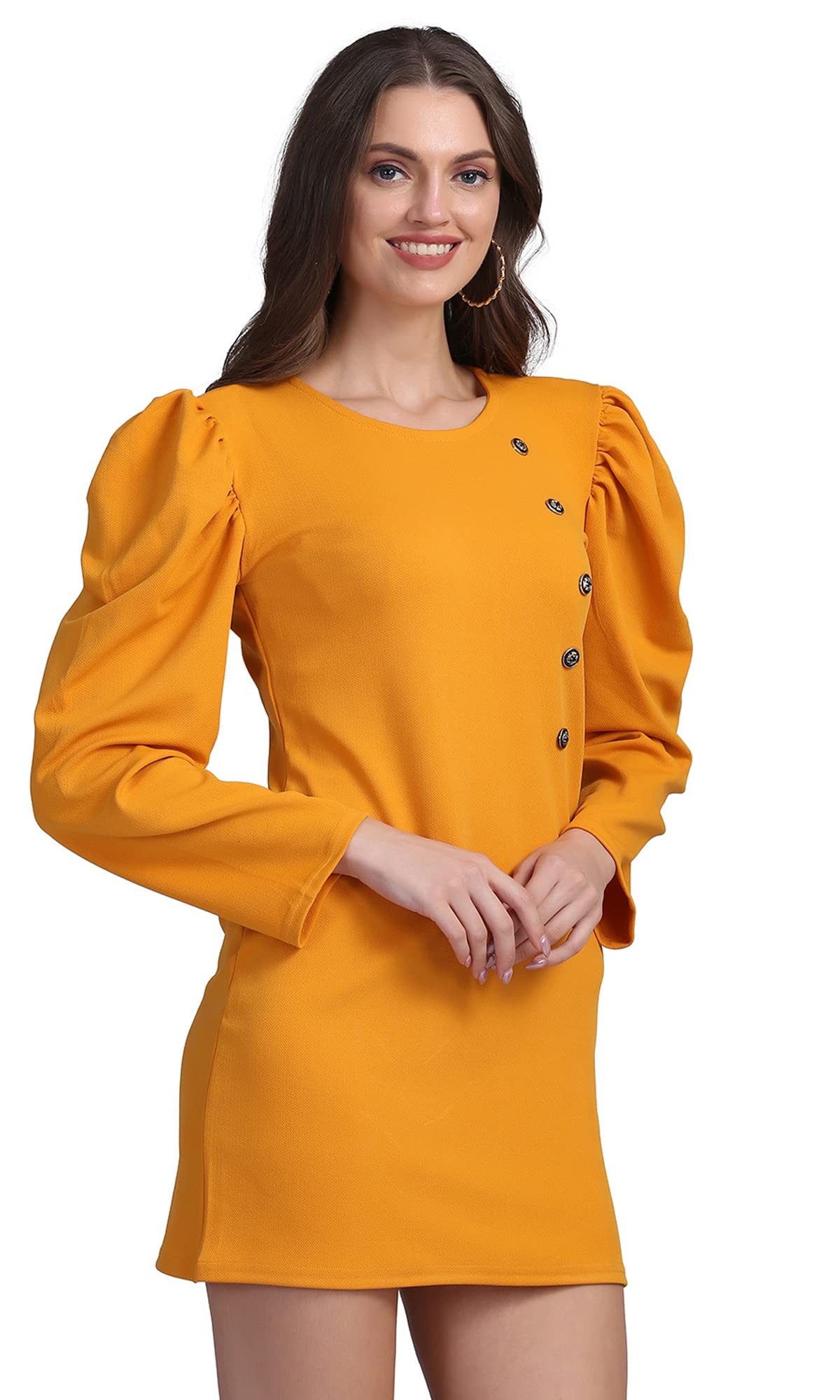 Shasmi Women's Comfortable Mustard Round Neck Full Sleeve Solid Midi Bodycon Casual Western Stylish Dress For Womens/Midi Dress For Girls (Shree Midi 13 Mustard Xl)