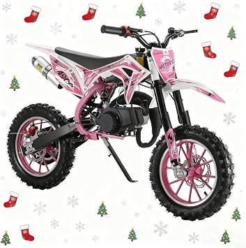 Kids Dirt Bike, 2-Stroke Off Road Dirt Bike Gas, Mini Bikes Gas Power Pocket Rocket with Front Rear Disc Brakes, Mini Motorcycles, 49cc Dirtbike Max Load 330Lbs, Up to 40KM/H Pink S