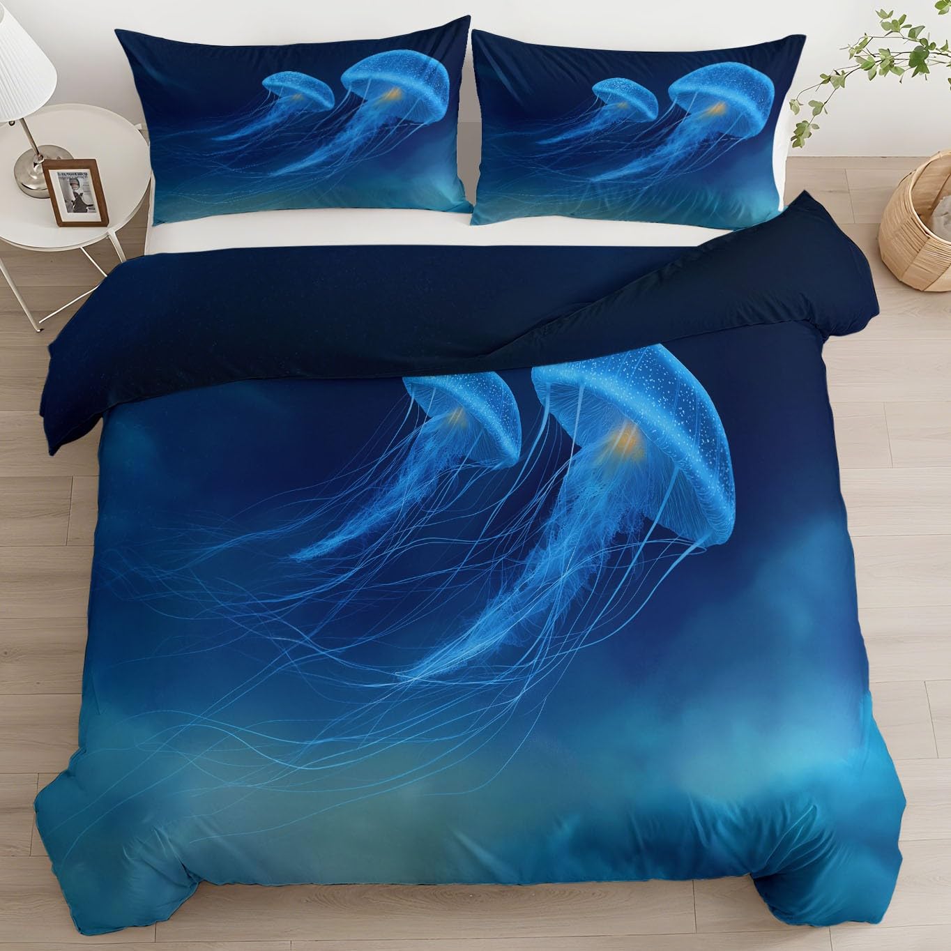 Parure de lit bleu 200x200 réversible imprimé méduse avec zip résistant