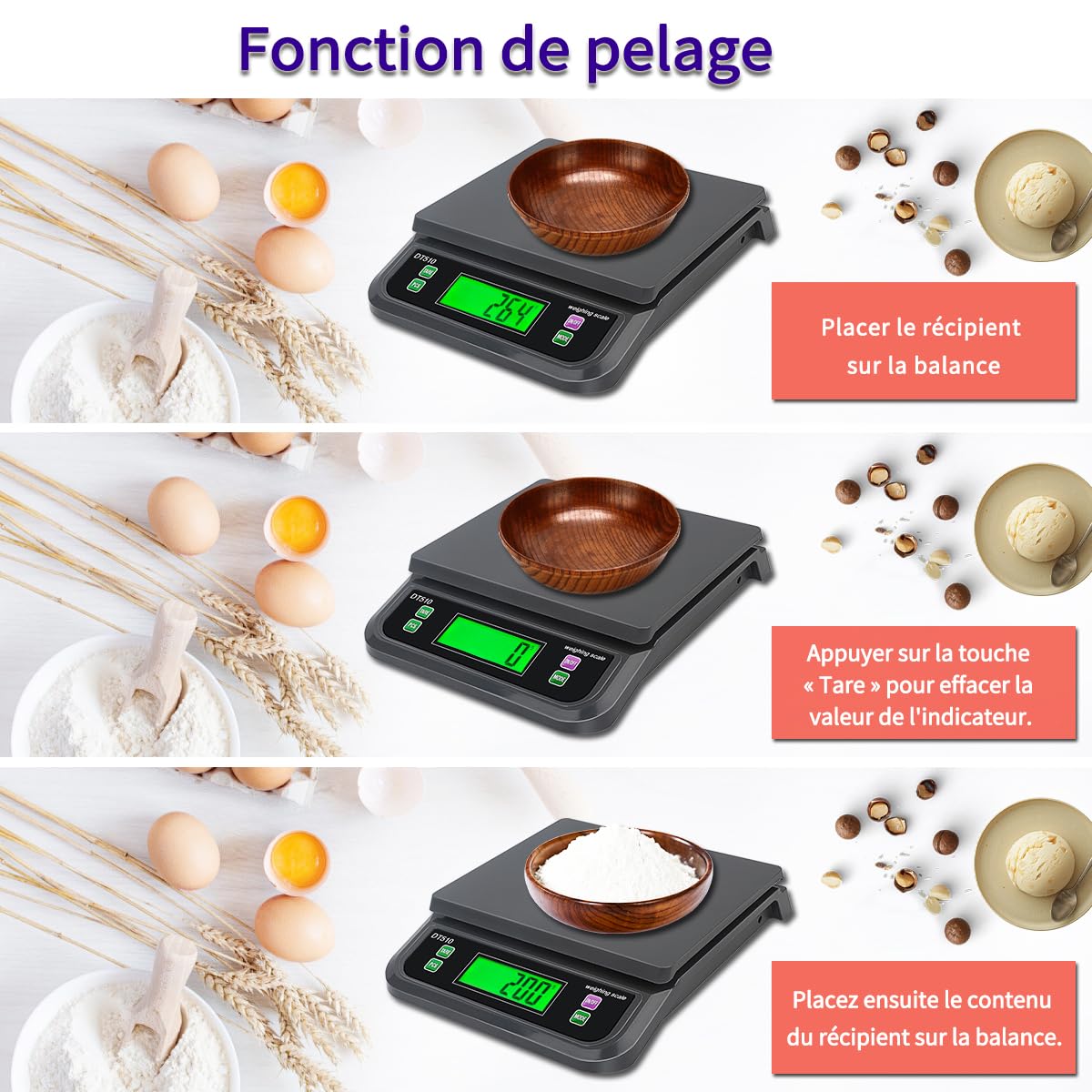 Balance de Cuisine, 30kg/1g pèse Aliment Cuisine Precis, avec PCS et Tare Fonction Professionnelle Balance Cuisine Boulangerie, 6 Unités g,oz,LB,kg,TL,CT avec Écran LCD Électronique Balances