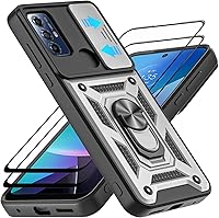 Vista 10 de Funda para Moto G Play 2023, con protector de pantalla de vidrio templado [2 piezas] y cubierta de cámara deslizante, soporte de anillo de rotación