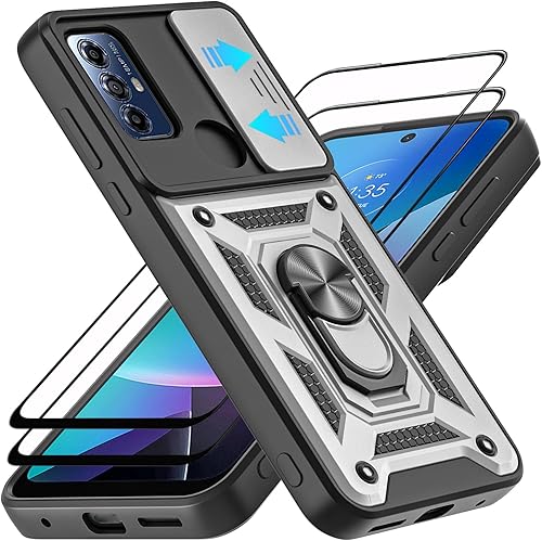 Miniatura 10 de Funda para Moto G Play 2023, con protector de pantalla de vidrio templado [2 piezas] y cubierta de cámara deslizante, soporte de anillo de rotación