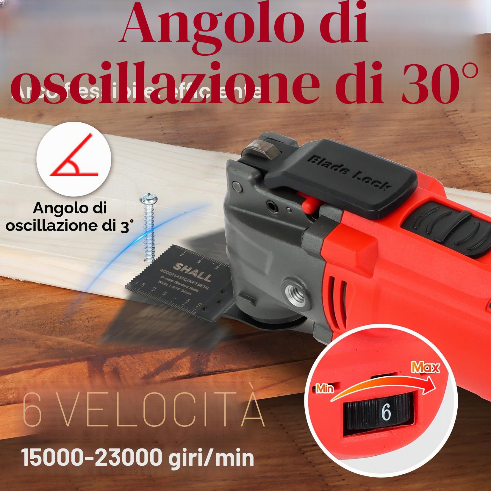 SHALL Utensile oscillante, kit multiutensile oscillante da 300 W con angolo di oscillazione di 3°, 6 velocità variabili, impugnatura ausiliaria, 40 accessori per sega