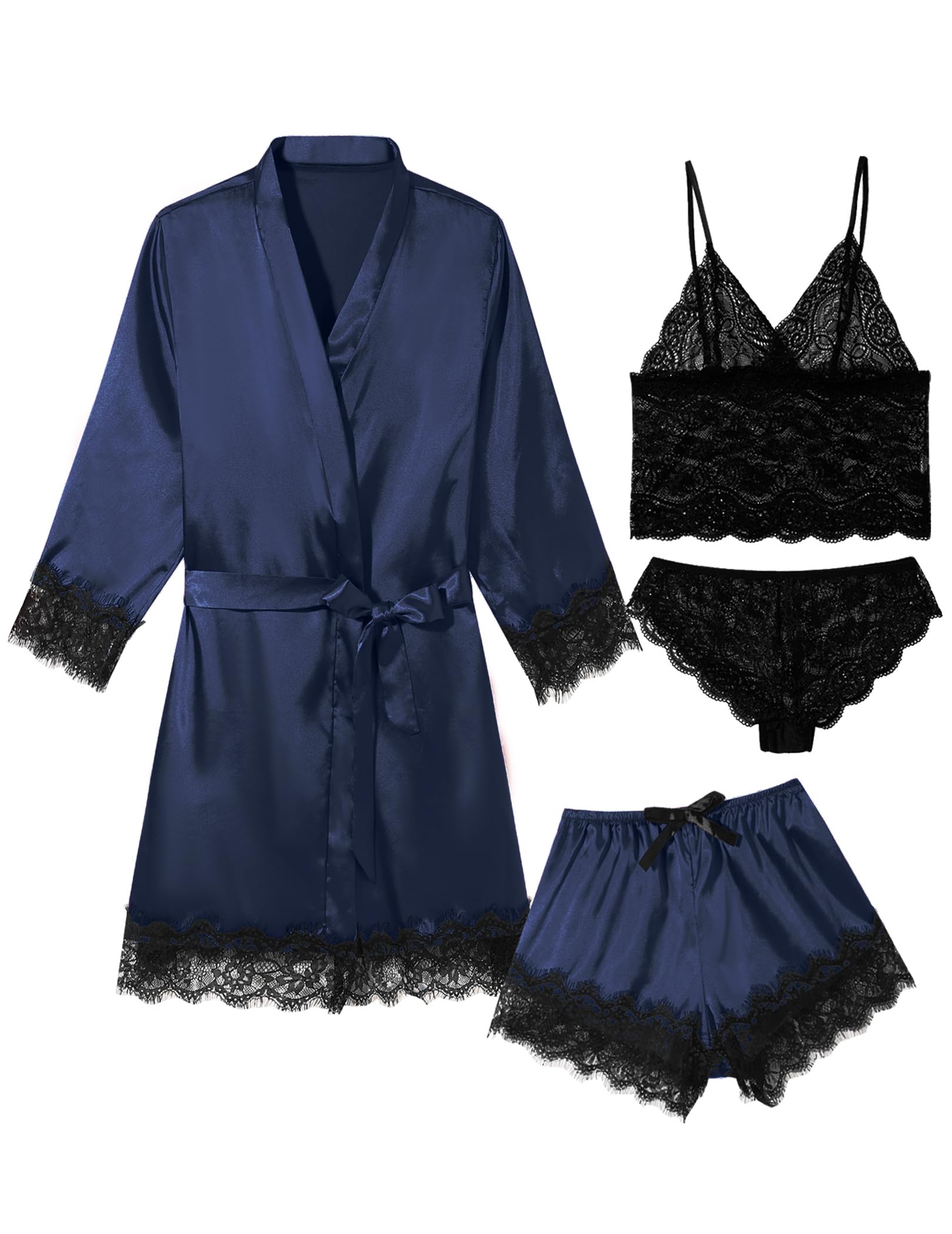 Sexy Pajama Set for Women Silk Lingeries 4 Piece Pjs Robes Set Satin Cami Shorts Sleepwear Lace Floral Loungewear